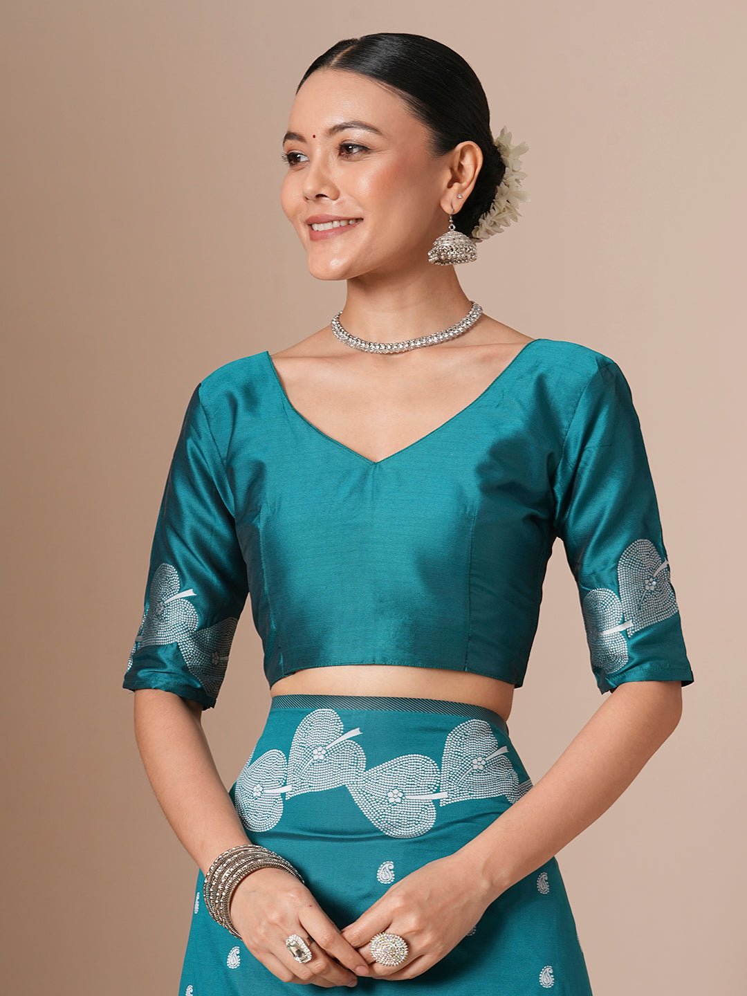Teal Blue Silk Blend Saree - Ressa