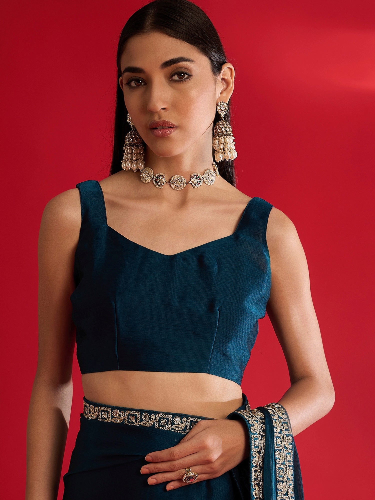 teal Blue Silk Blend Shimmer Georgette Zari Embroidery Saree - Ressa