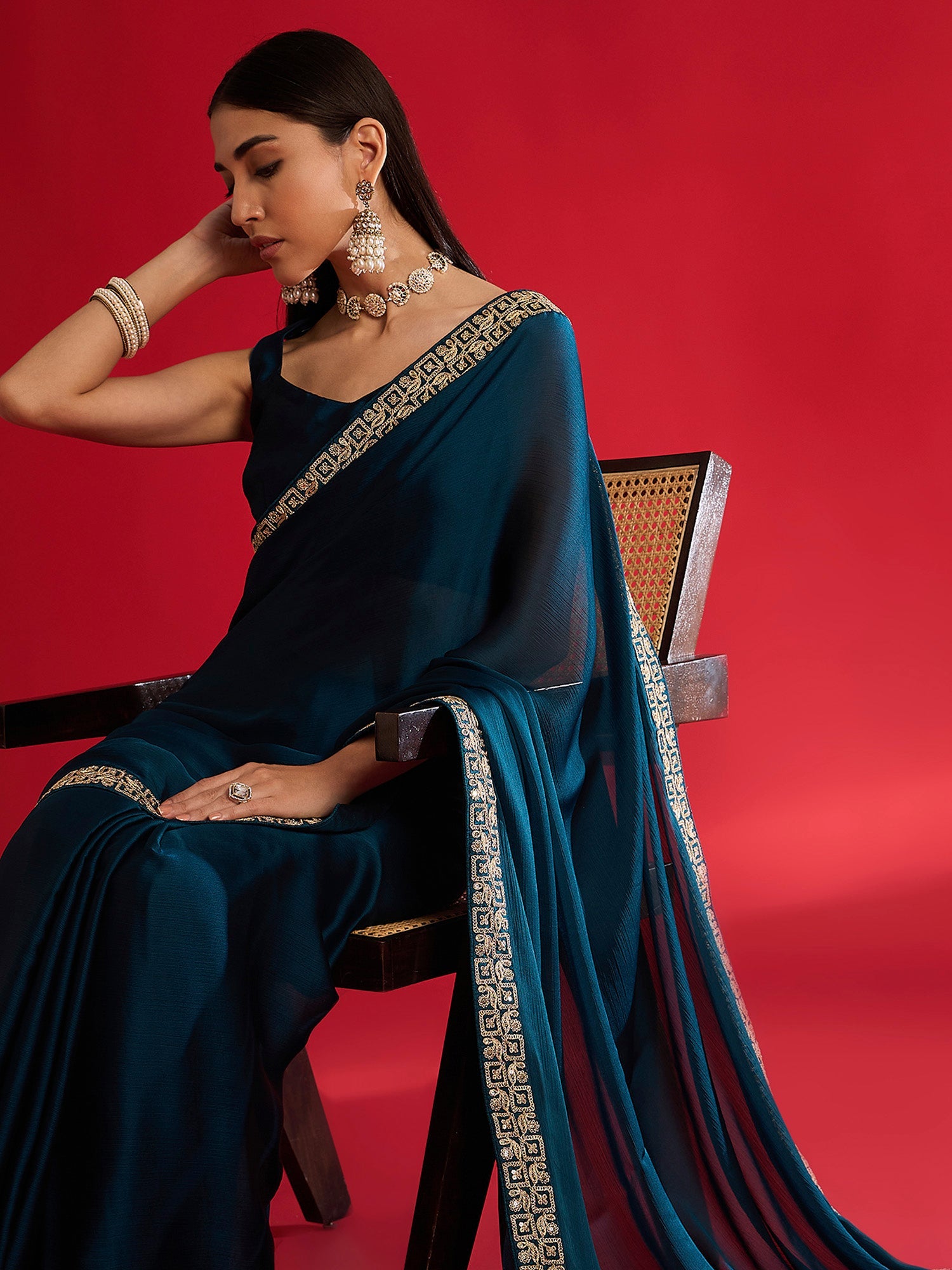 teal Blue Silk Blend Shimmer Georgette Zari Embroidery Saree - Ressa