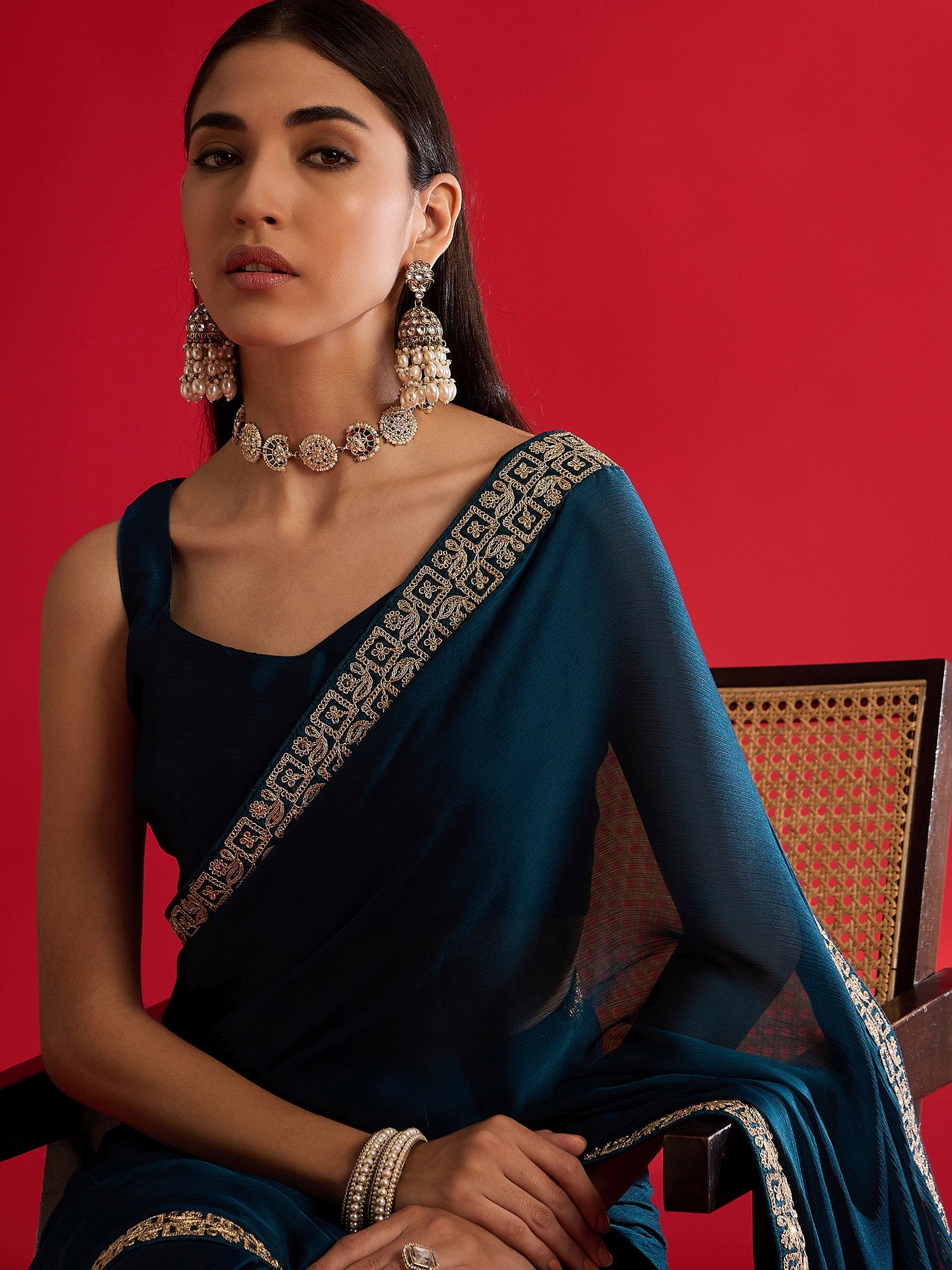 teal Blue Silk Blend Shimmer Georgette Zari Embroidery Saree - Ressa