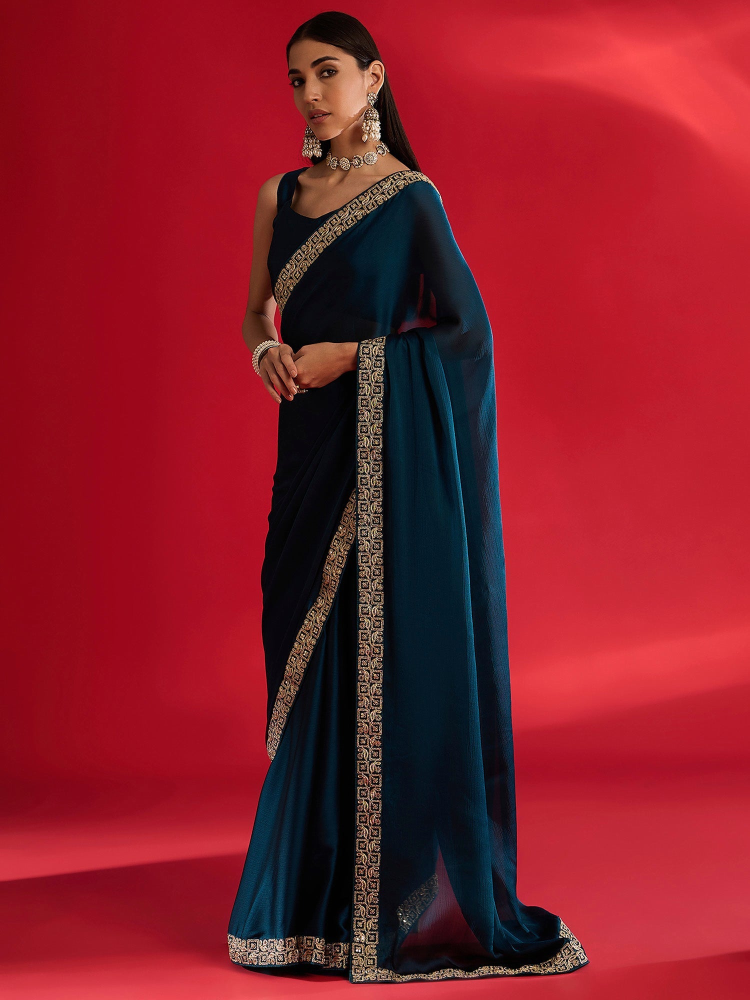 teal Blue Silk Blend Shimmer Georgette Zari Embroidery Saree - Ressa