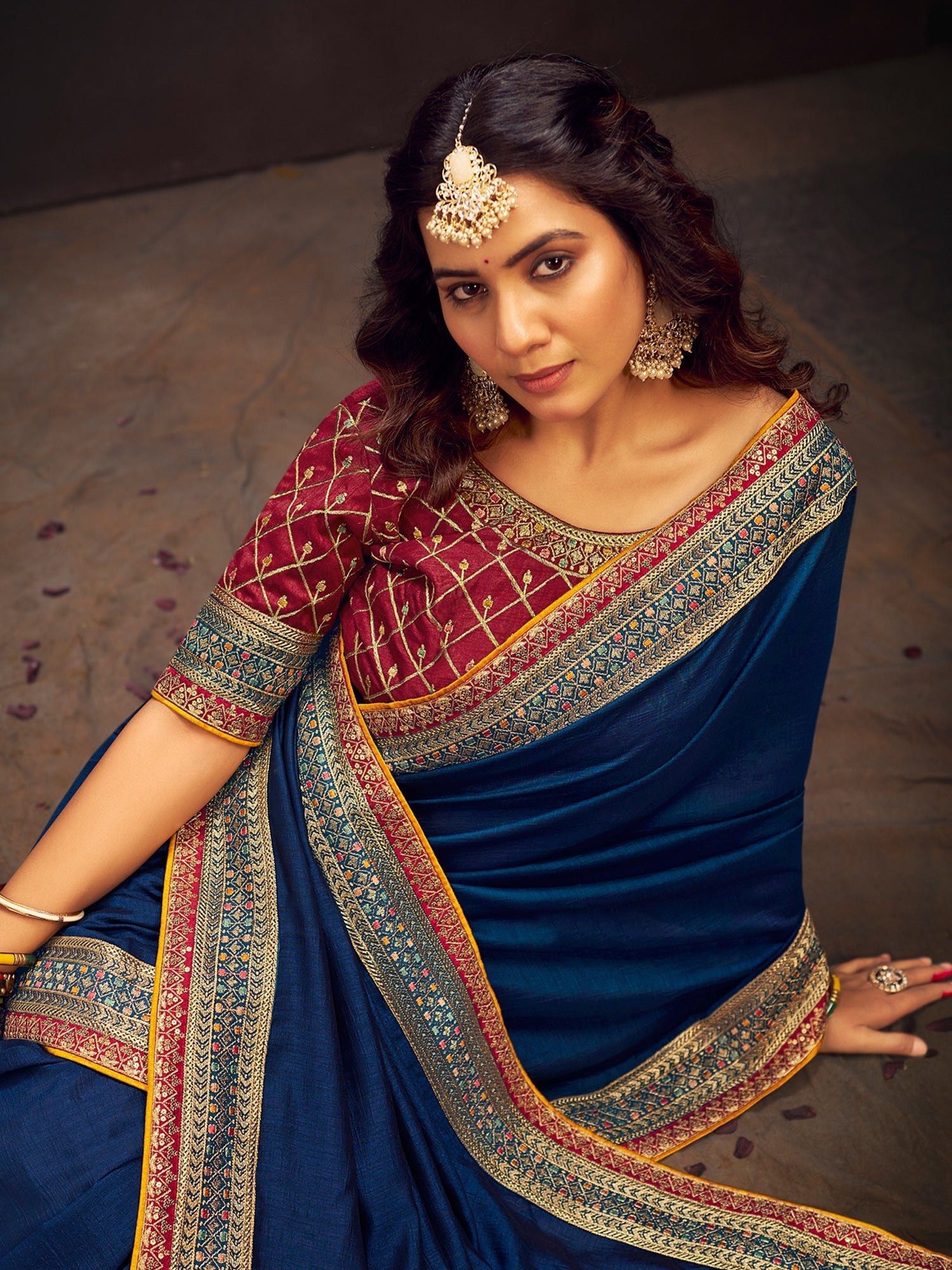 Teal Blue Silk Saree with Maroon Embroidered - Ressa