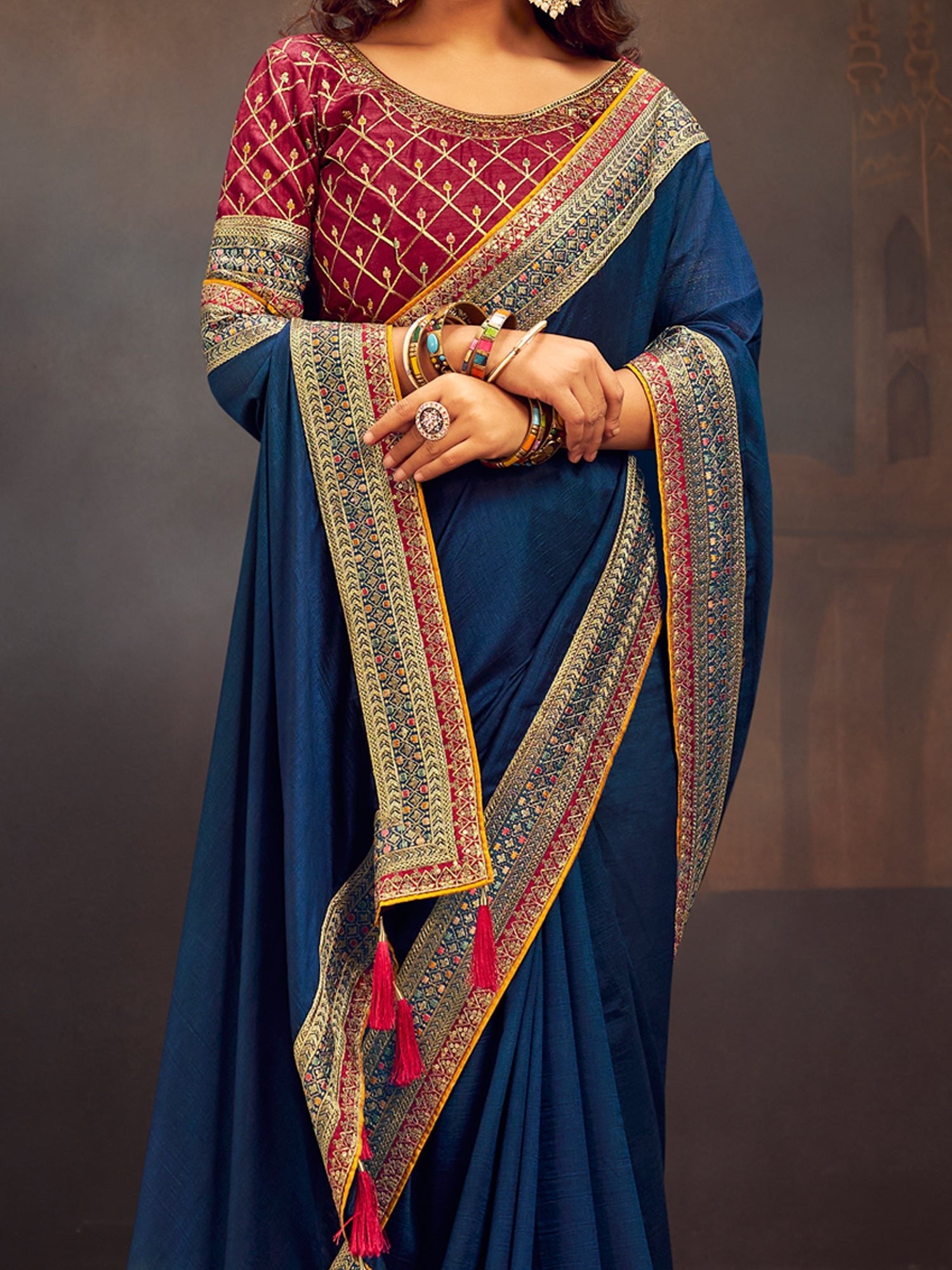 Teal Blue Silk Saree with Maroon Embroidered - Ressa