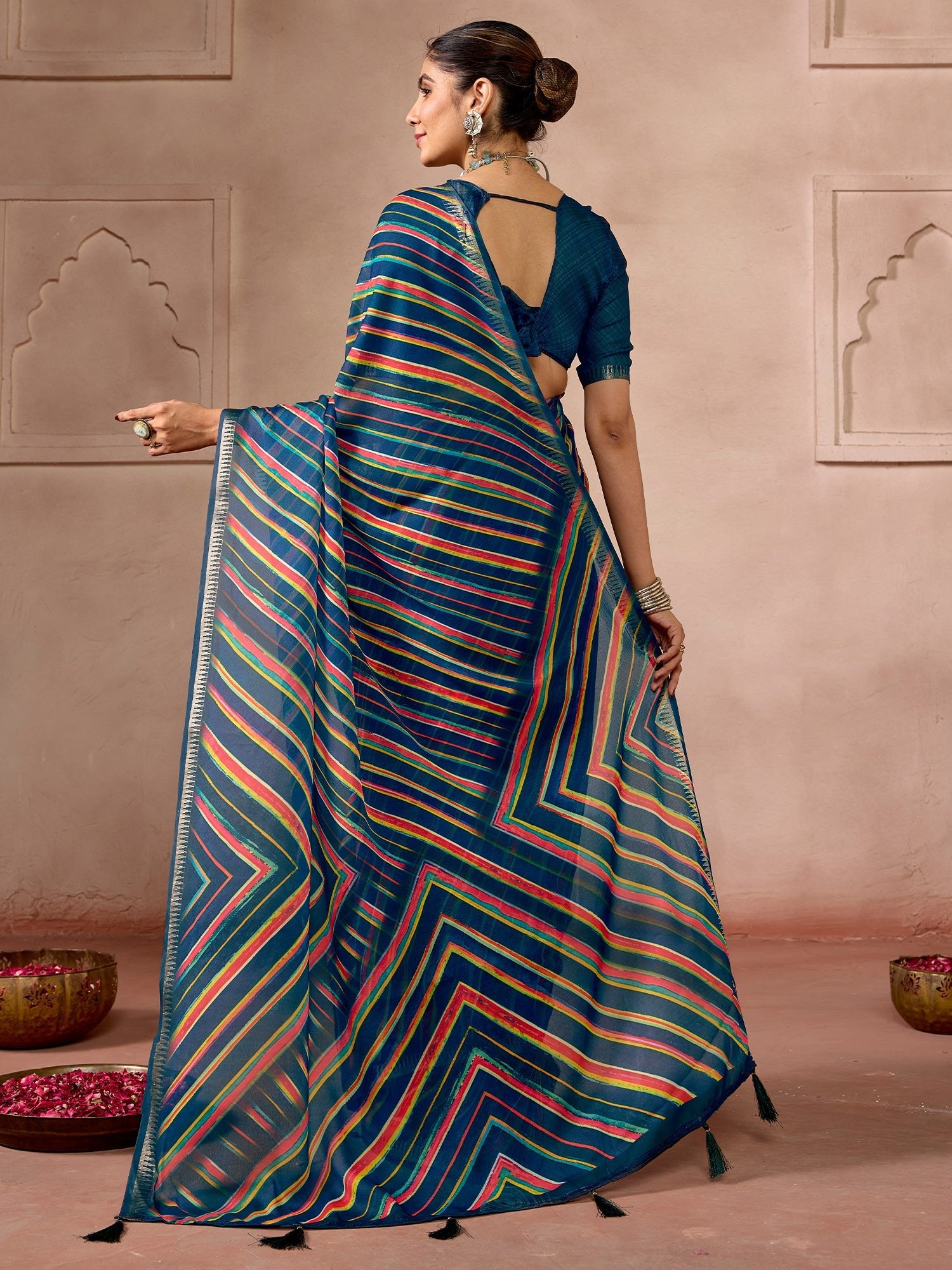 Teal Blue Striped Georgette saree - Ressa