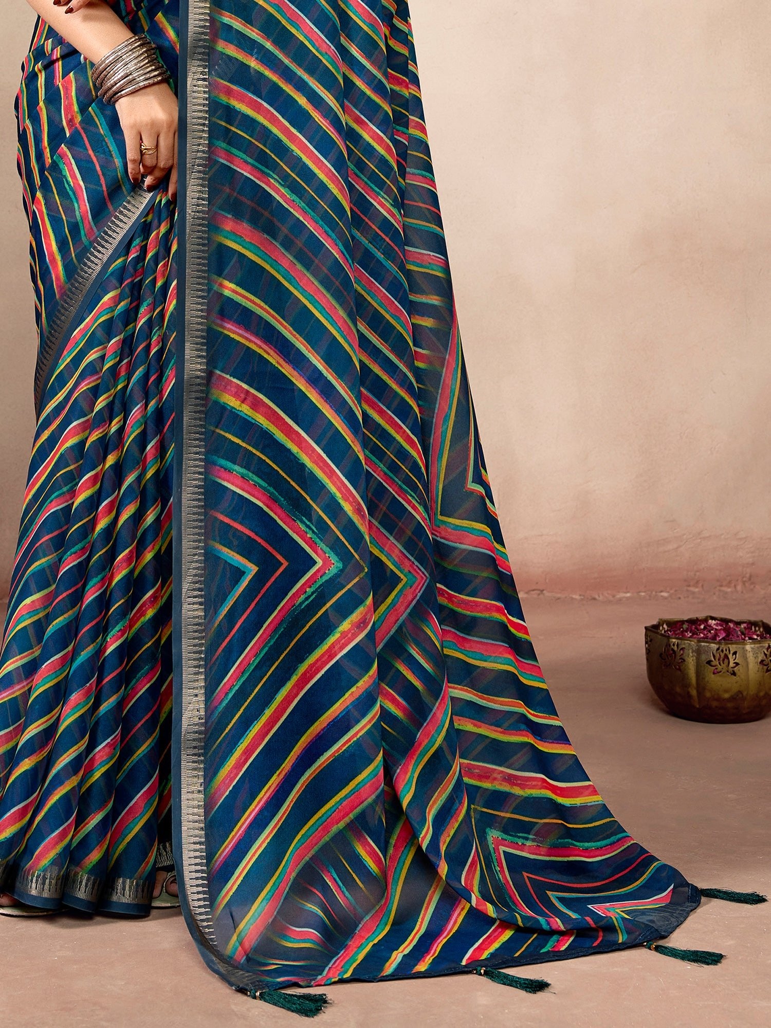 Teal Blue Striped Georgette saree - Ressa