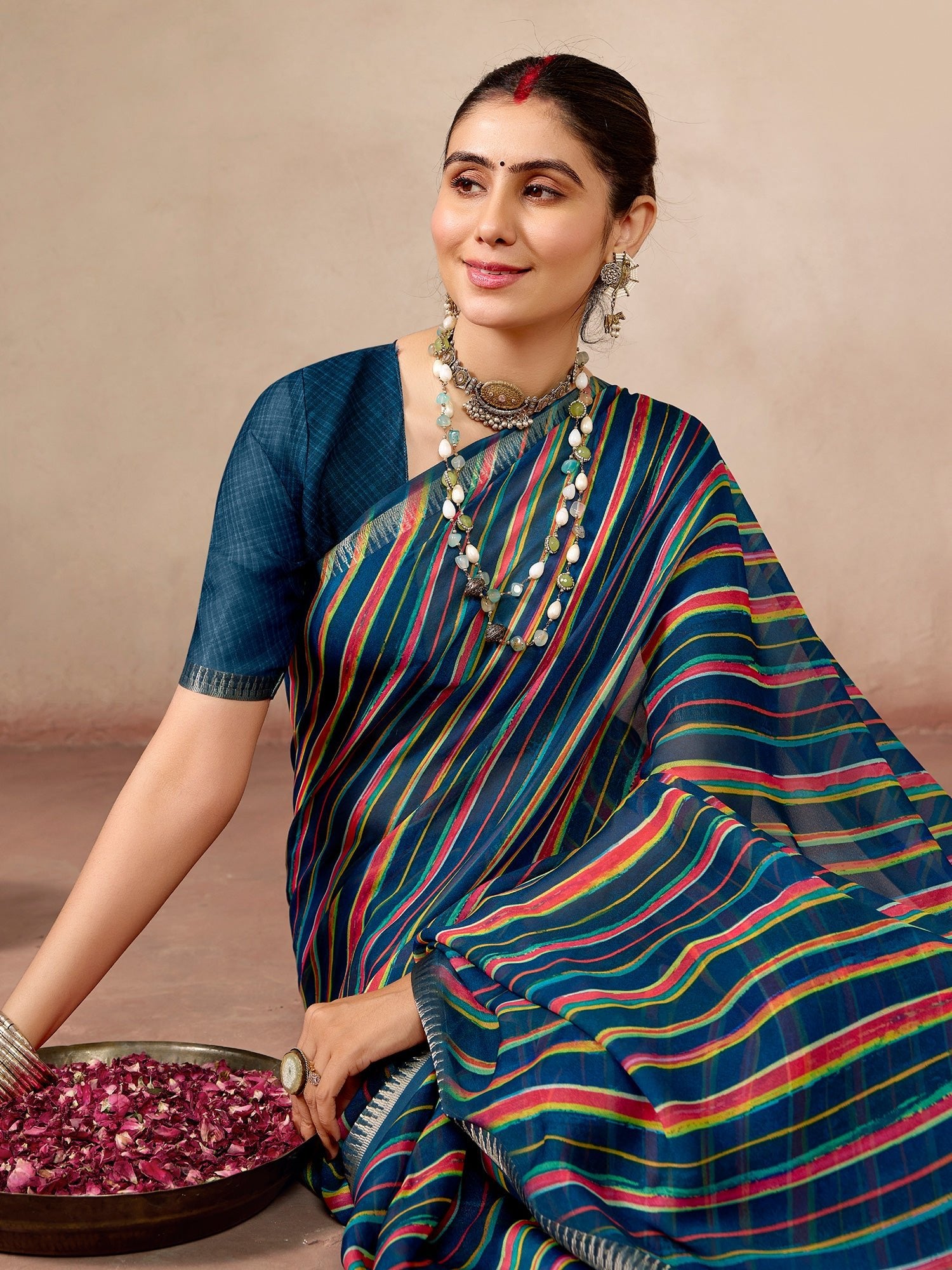 Teal Blue Striped Georgette saree - Ressa