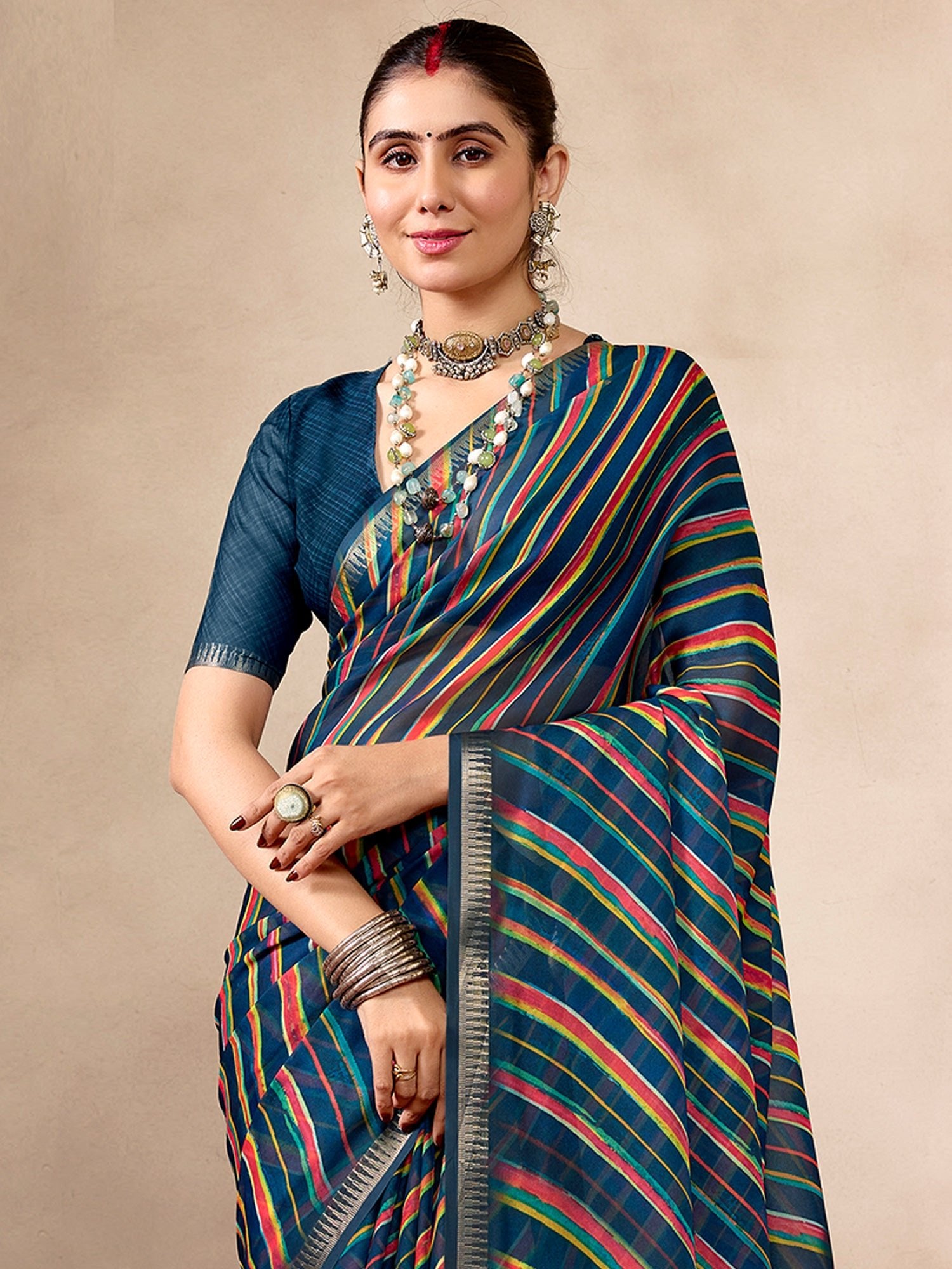 Teal Blue Striped Georgette saree - Ressa