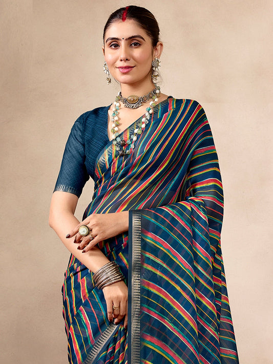 Teal Blue Striped Georgette saree - Ressa