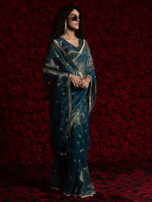 Teal Blue Super Net Saree - Ressa