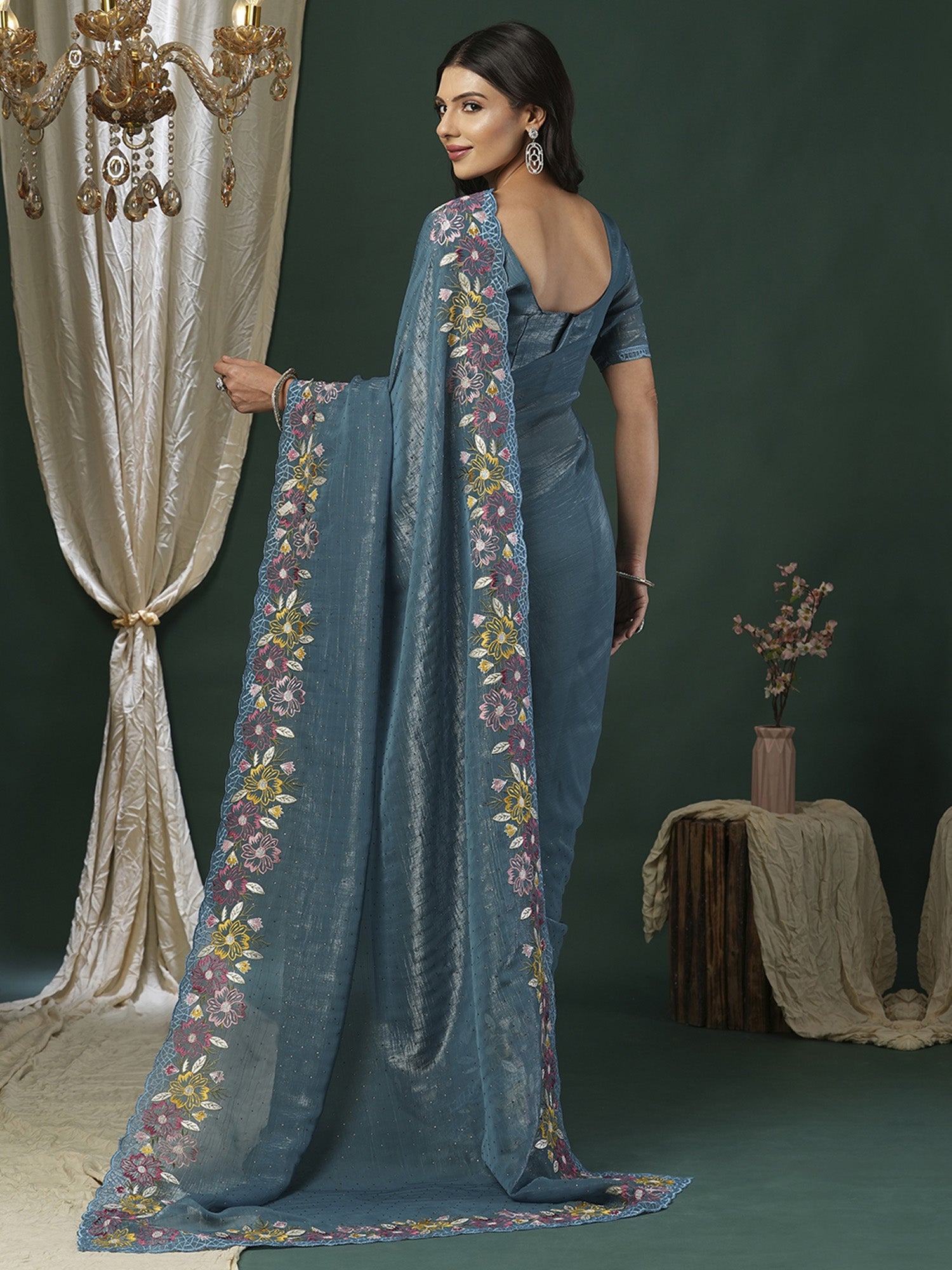 Teal Blue Tissue Multi-Color Embroidery Saree - Ressa