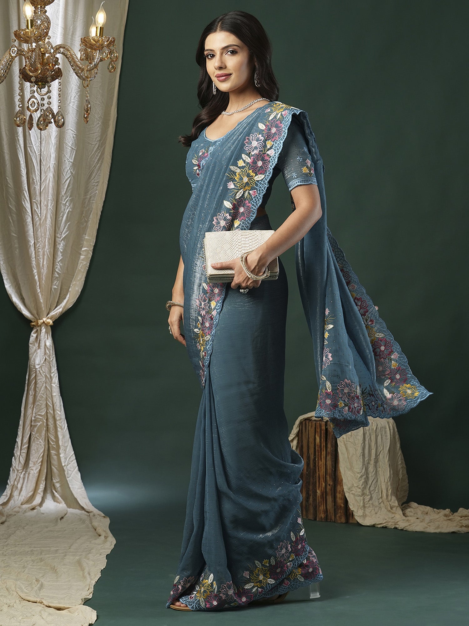 Teal Blue Tissue Multi-Color Embroidery Saree - Ressa