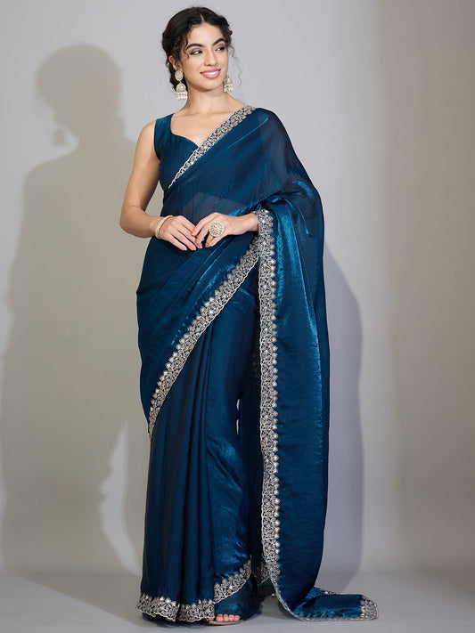 Teal Blue Tissue Silk Saree with Zari Stripes - Ressa