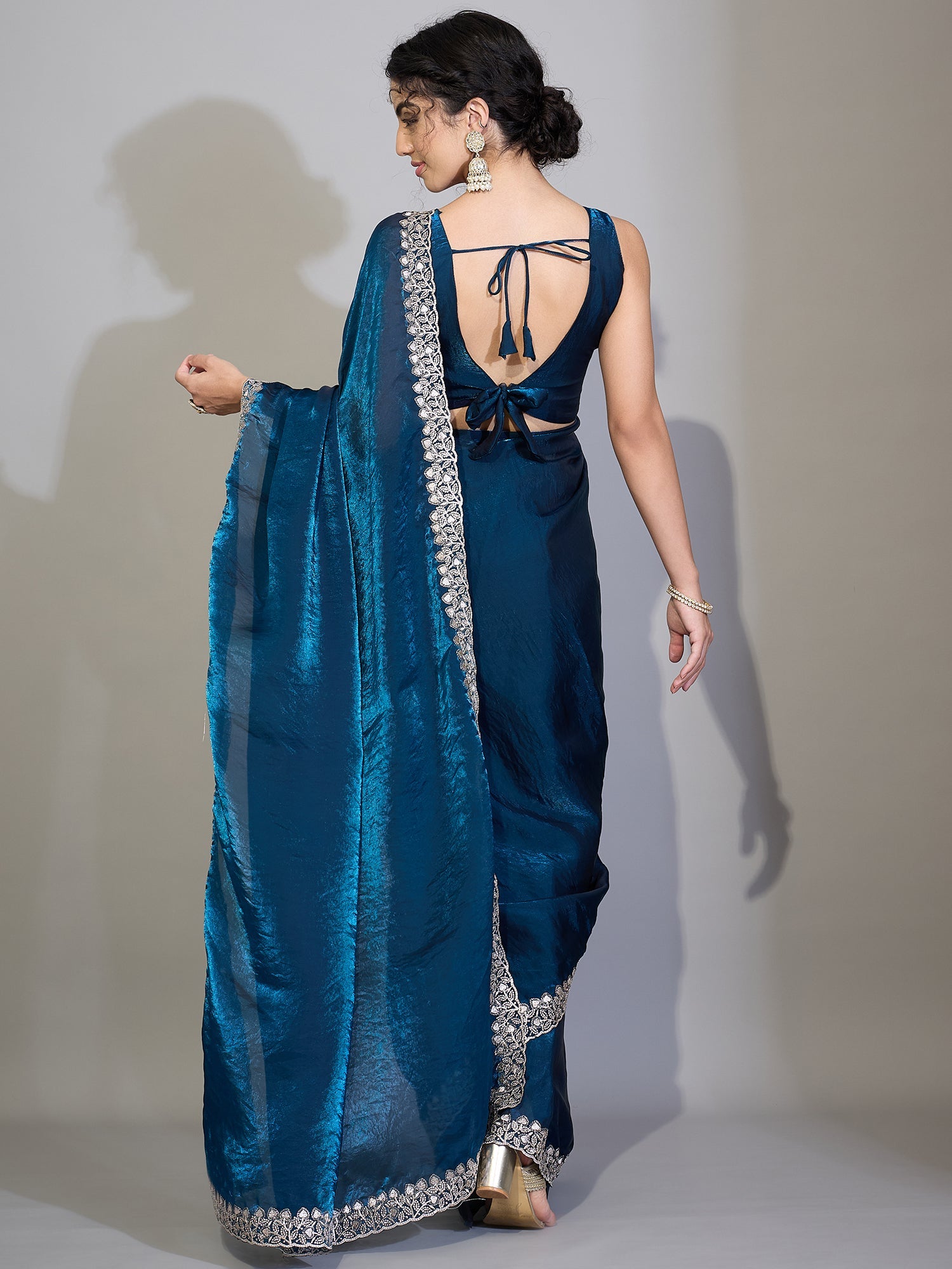 Teal Blue Tissue Silk Saree with Zari Stripes - Ressa