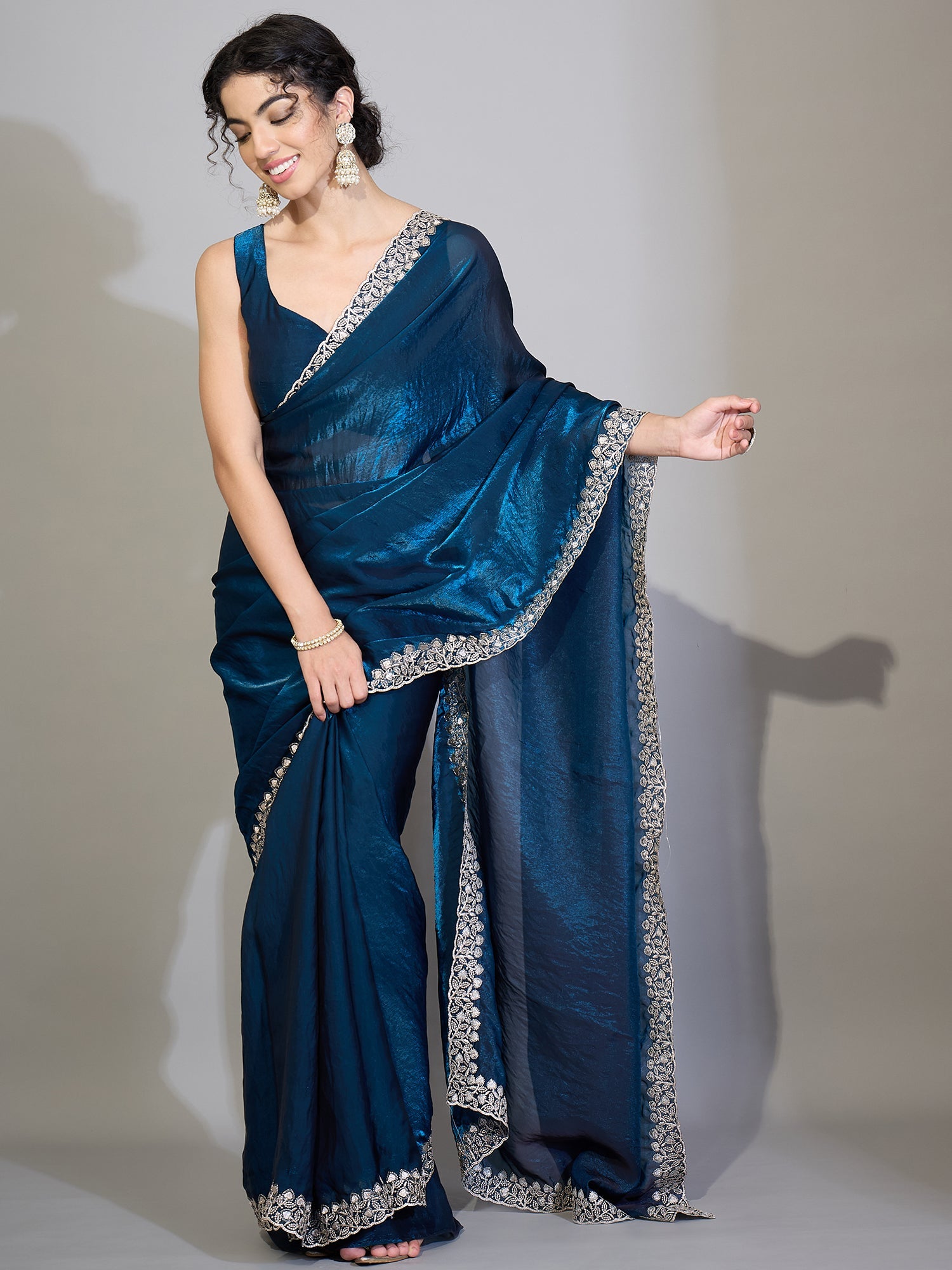 Teal Blue Tissue Silk Saree with Zari Stripes - Ressa