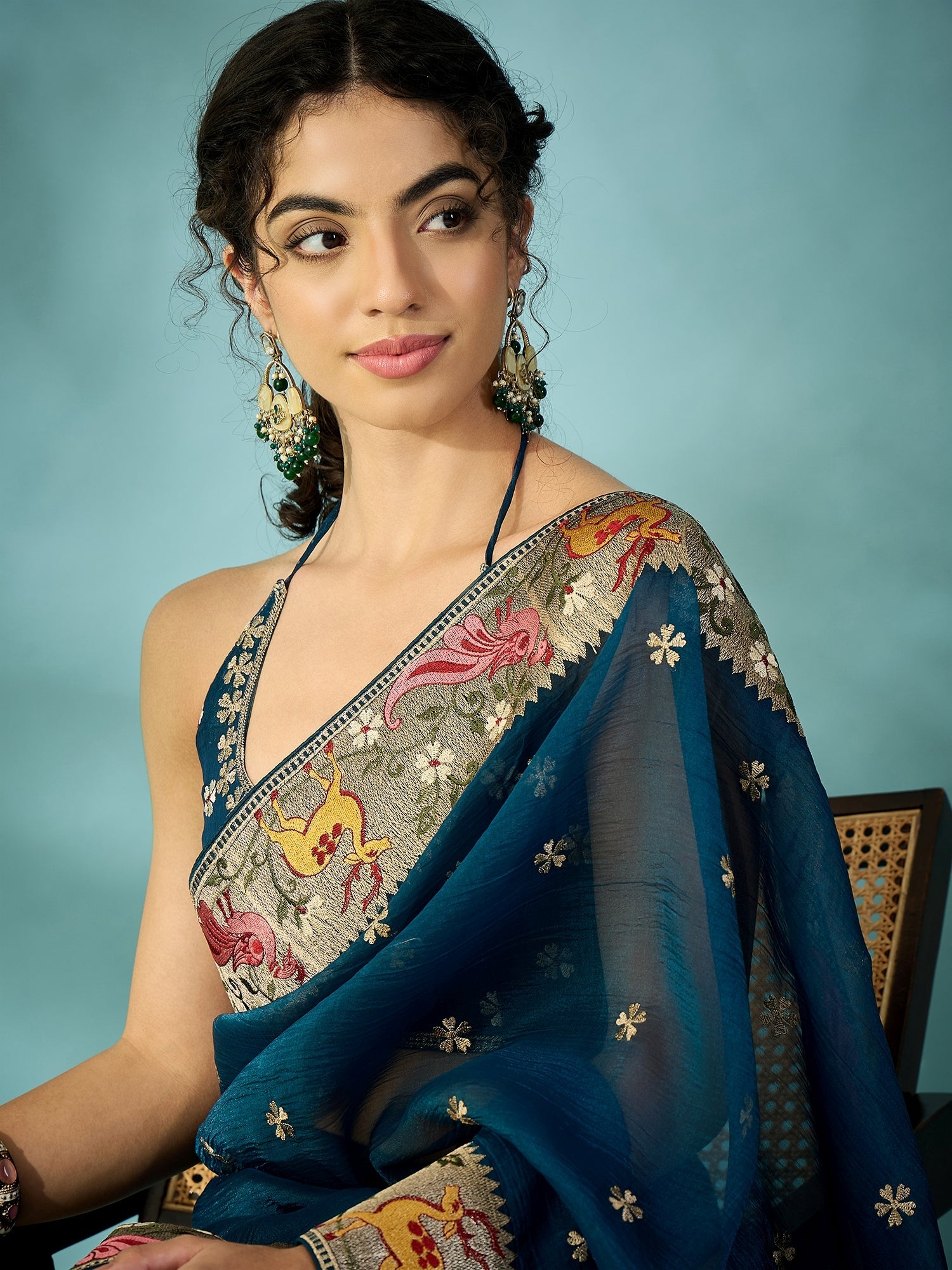 Teal Blue Tissue Silk Saree with Zari Stripes - Ressa