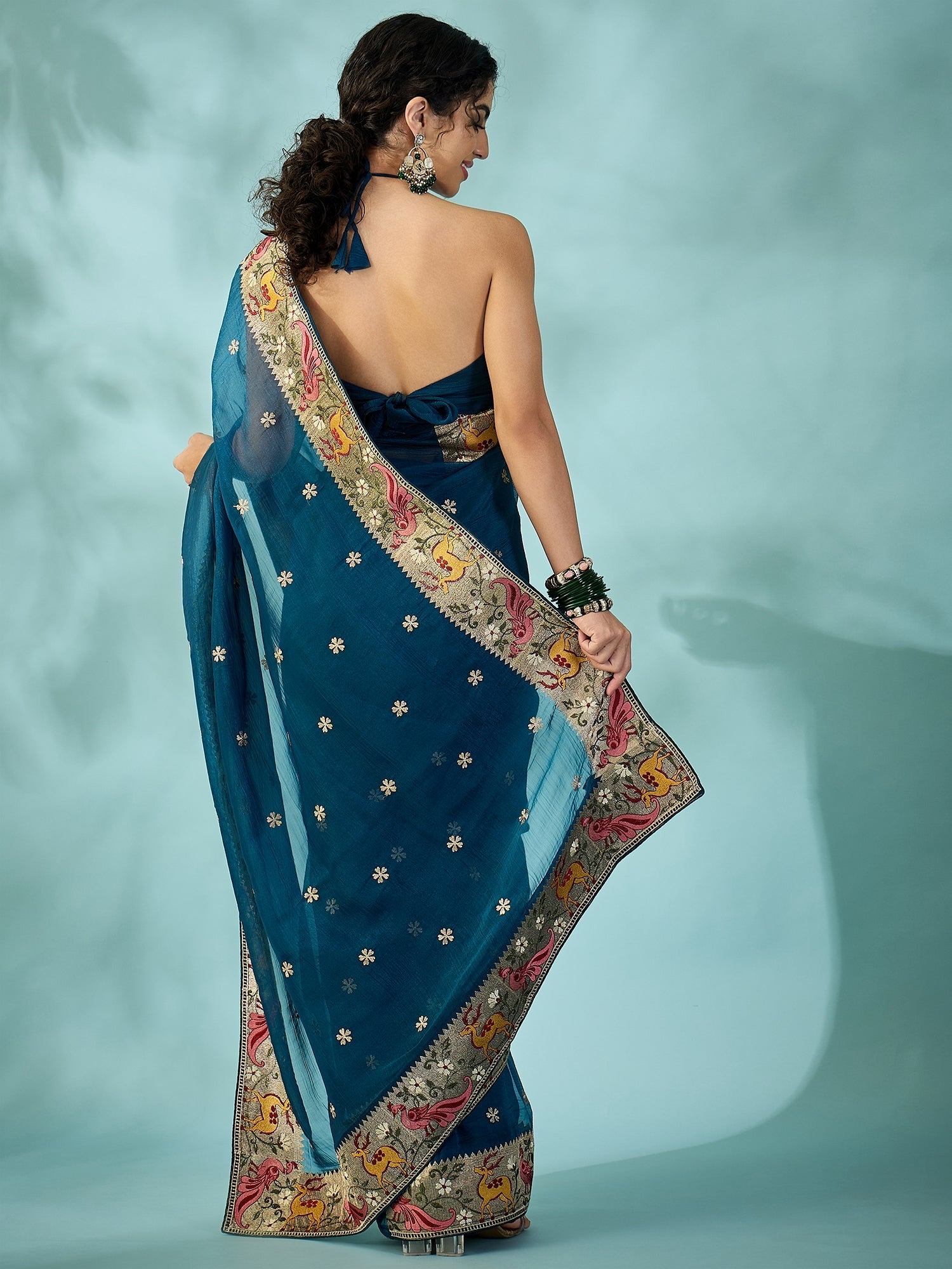 Teal Blue Tissue Silk Saree with Zari Stripes - Ressa