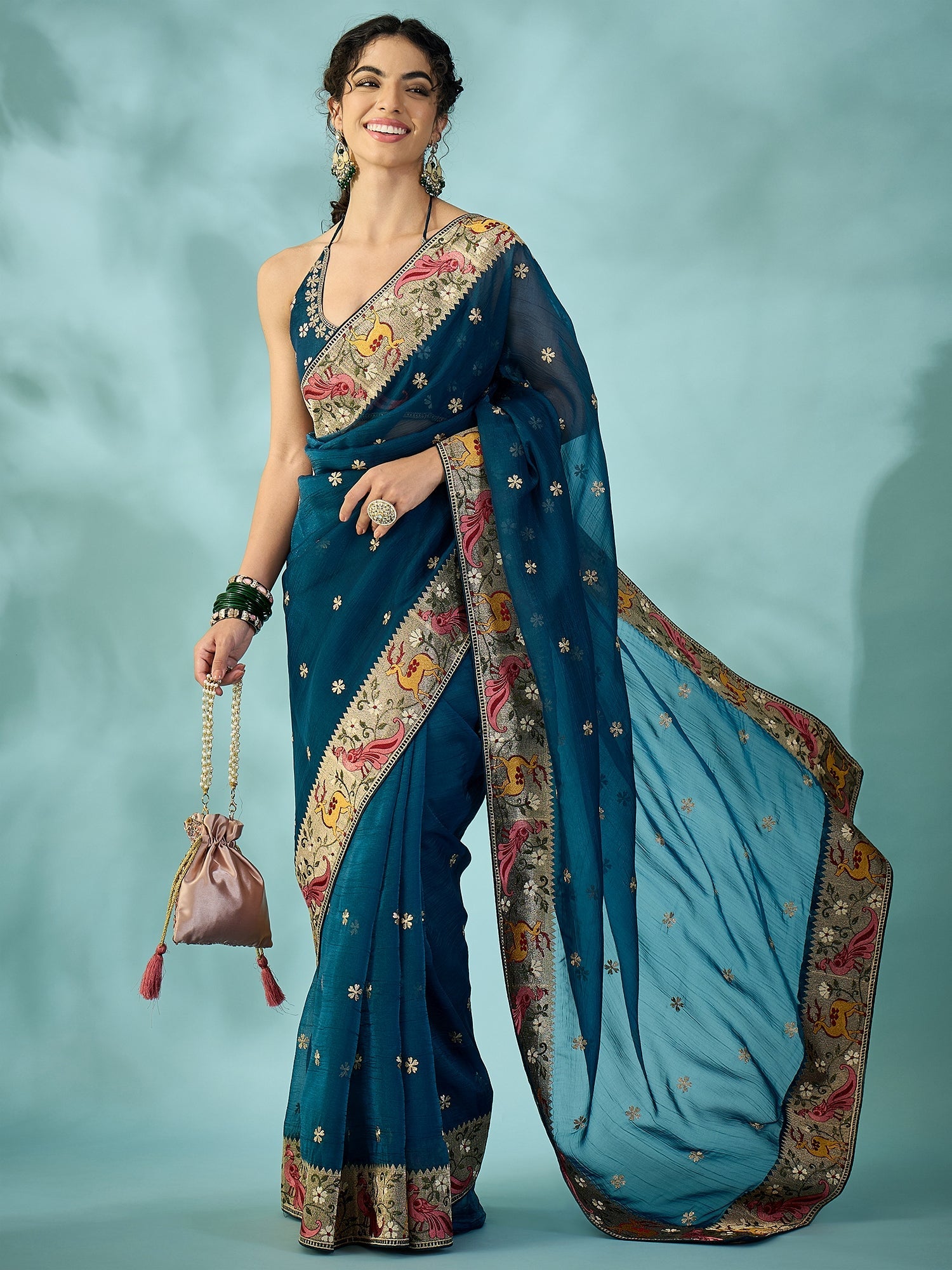 Teal Blue Tissue Silk Saree with Zari Stripes - Ressa