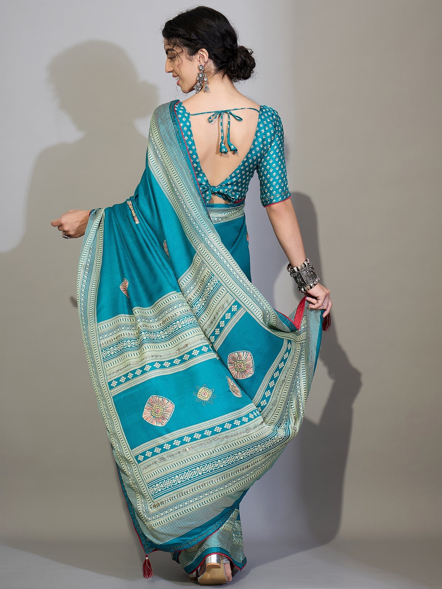 Teal Blue Tissue Silk Saree with Zari Stripes - Ressa