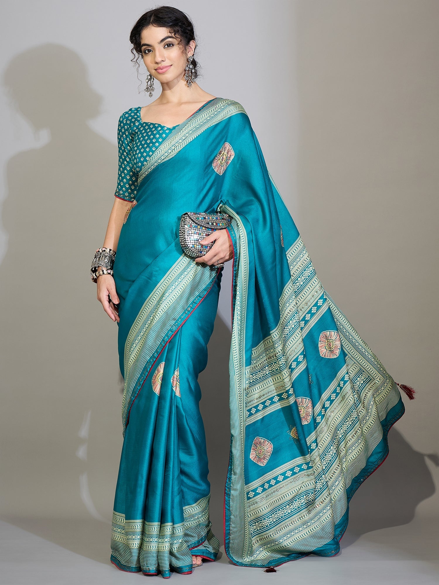 Teal Blue Tissue Silk Saree with Zari Stripes - Ressa