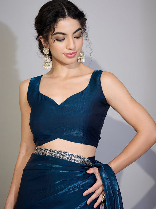 Teal Blue Tissue Silk Saree with Zari Stripes - Ressa