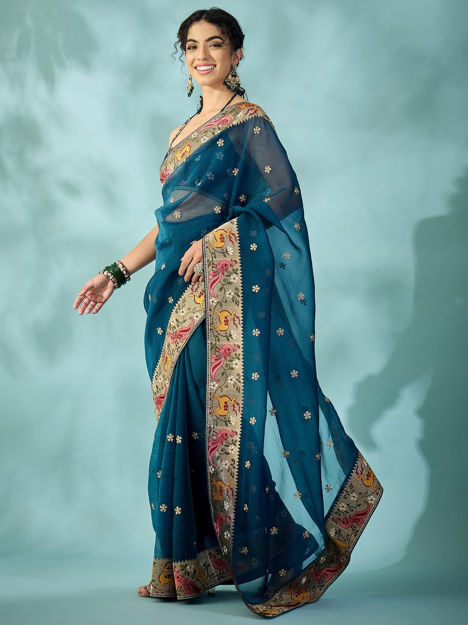 Teal Blue Tissue Silk Saree with Zari Stripes - Ressa
