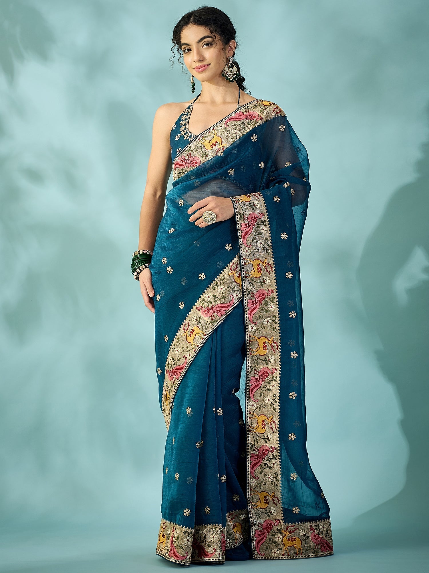 Teal Blue Tissue Silk Saree with Zari Stripes - Ressa