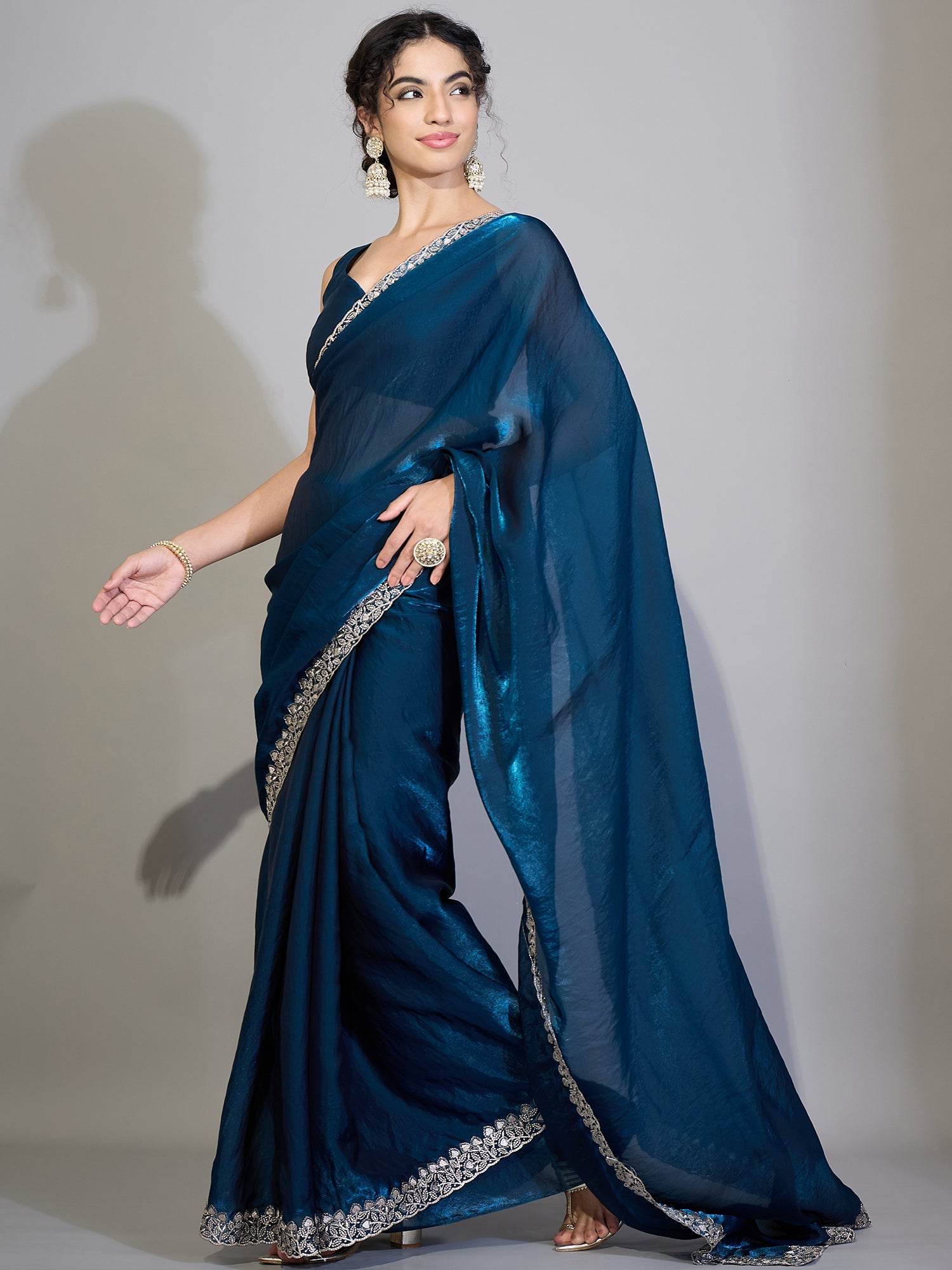 Teal Blue Tissue Silk Saree with Zari Stripes - Ressa