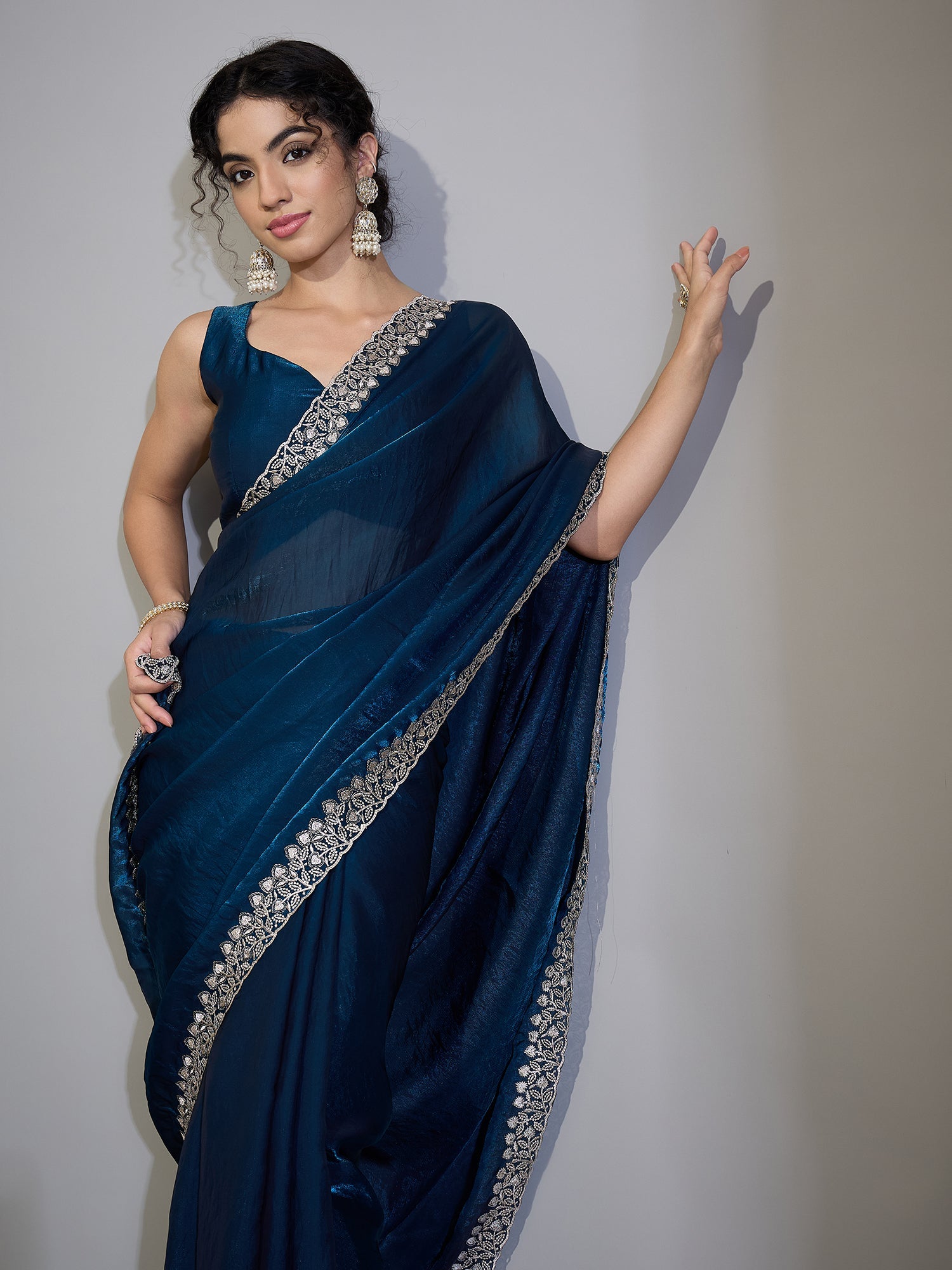 Teal Blue Tissue Silk Saree with Zari Stripes - Ressa