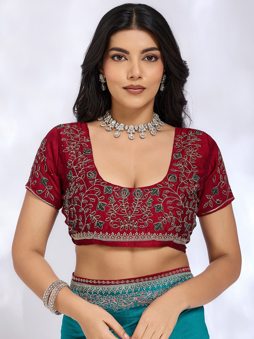 Teal Blue Vichitra Silk Embroidered Saree - Ressa