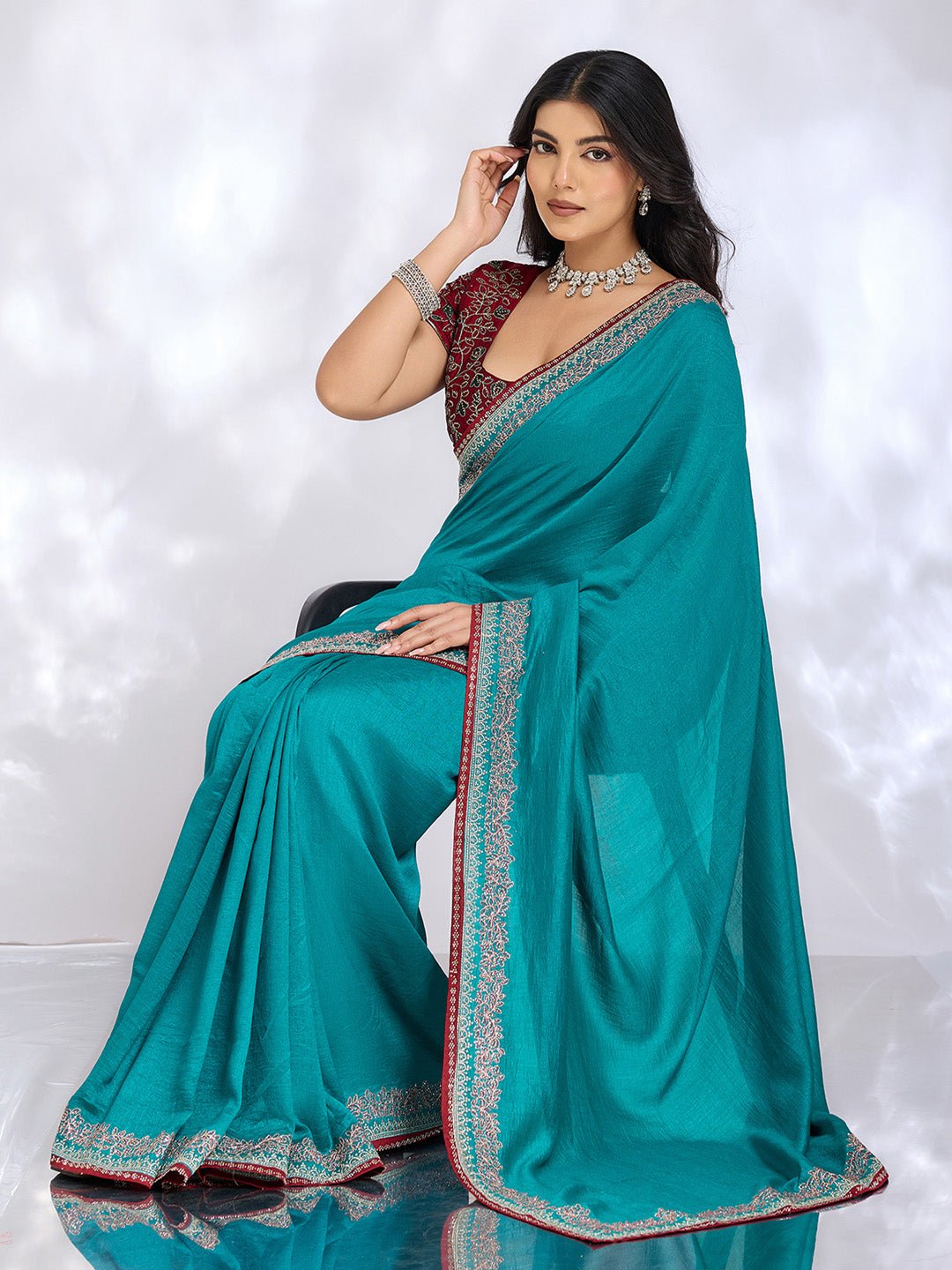 Teal Blue Vichitra Silk Embroidered Saree - Ressa