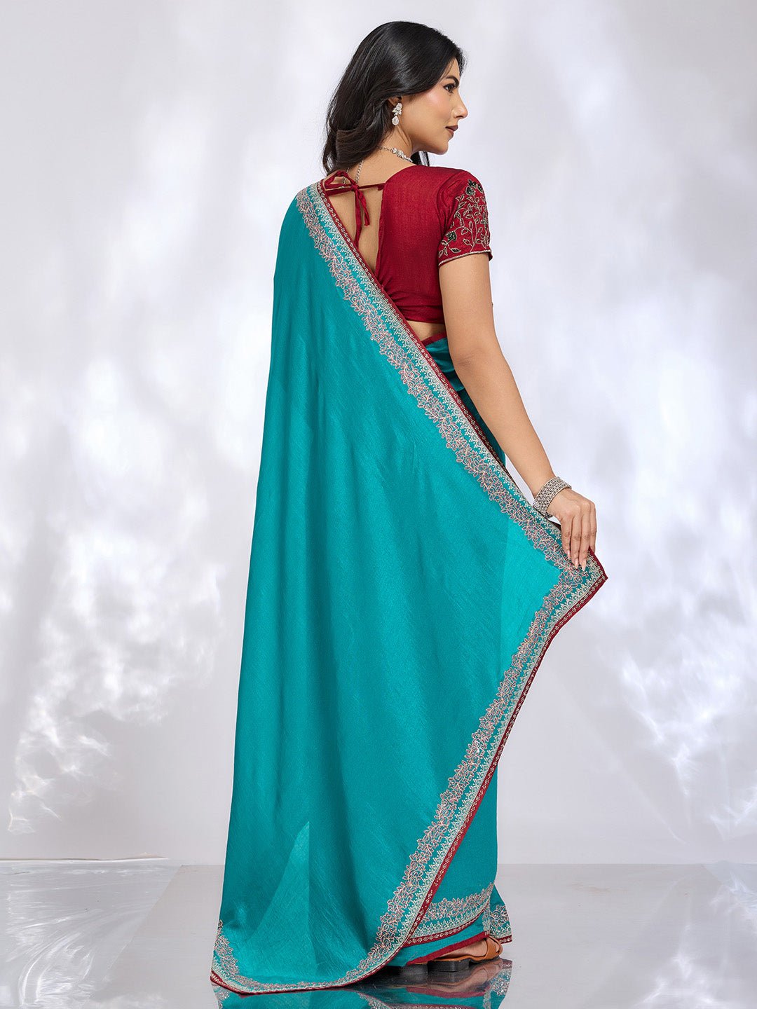Teal Blue Vichitra Silk Embroidered Saree - Ressa