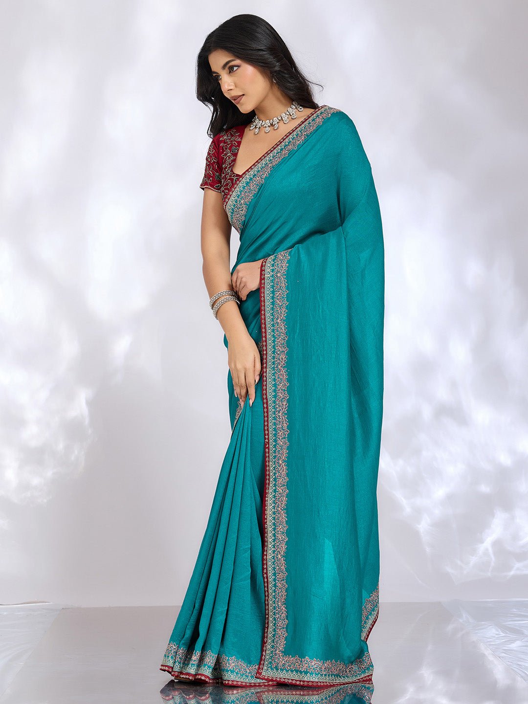 Teal Blue Vichitra Silk Embroidered Saree - Ressa