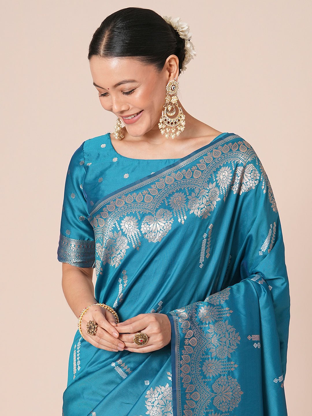 Teal Blue with Zari Woven Banarasi Silk Blend Saree - Ressa