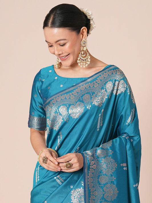 Teal Blue with Zari Woven Banarasi Silk Blend Saree - Ressa
