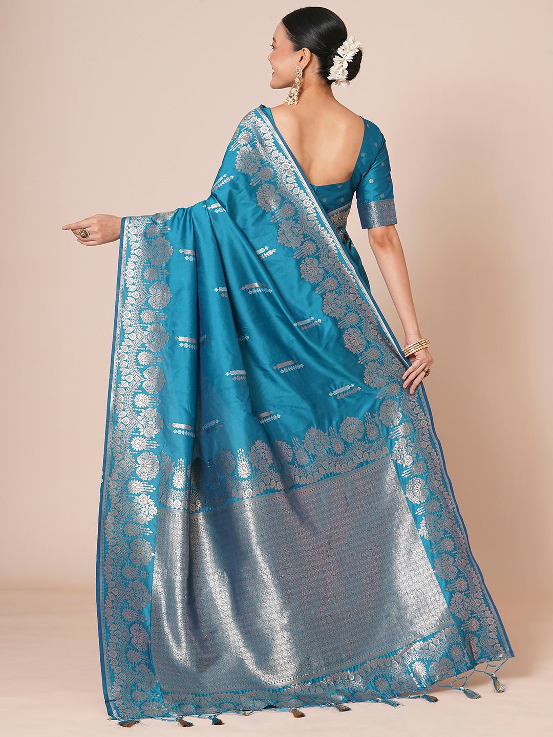Teal Blue with Zari Woven Banarasi Silk Blend Saree - Ressa