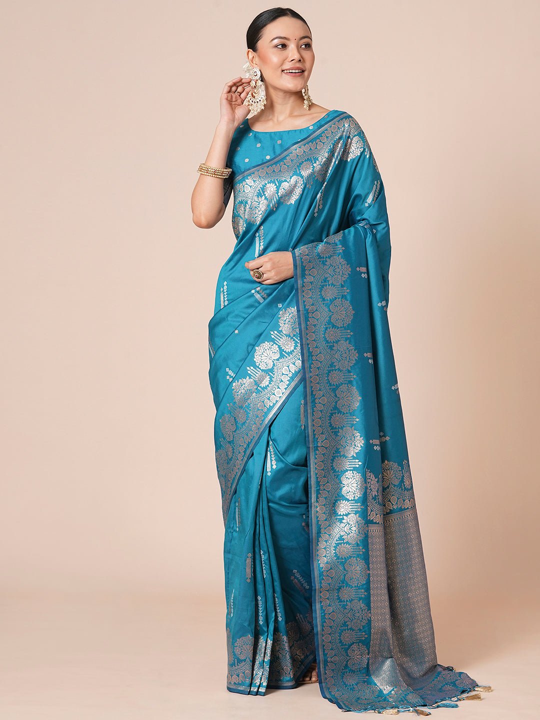 Teal Blue with Zari Woven Banarasi Silk Blend Saree - Ressa