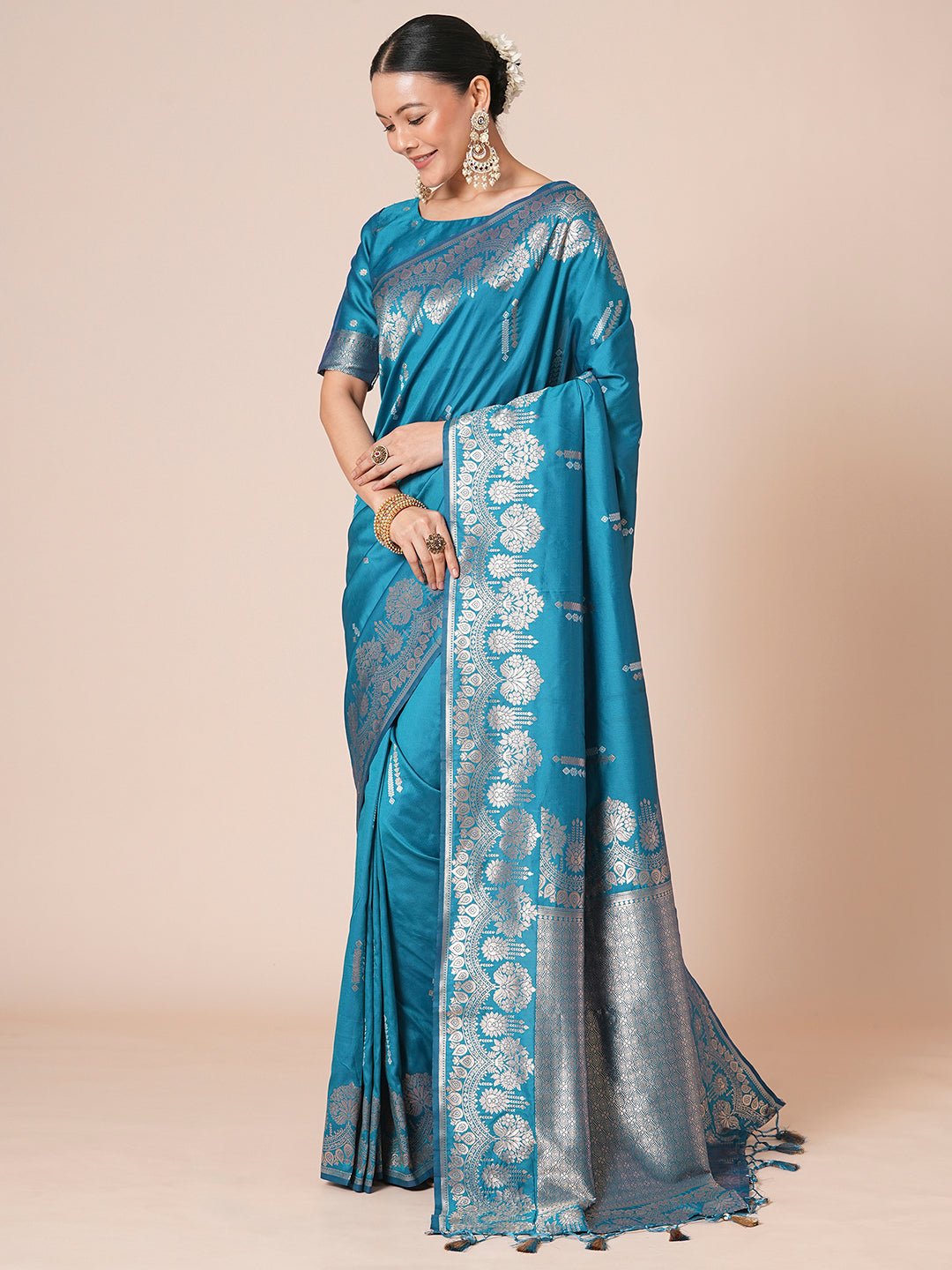 Teal Blue with Zari Woven Banarasi Silk Blend Saree - Ressa