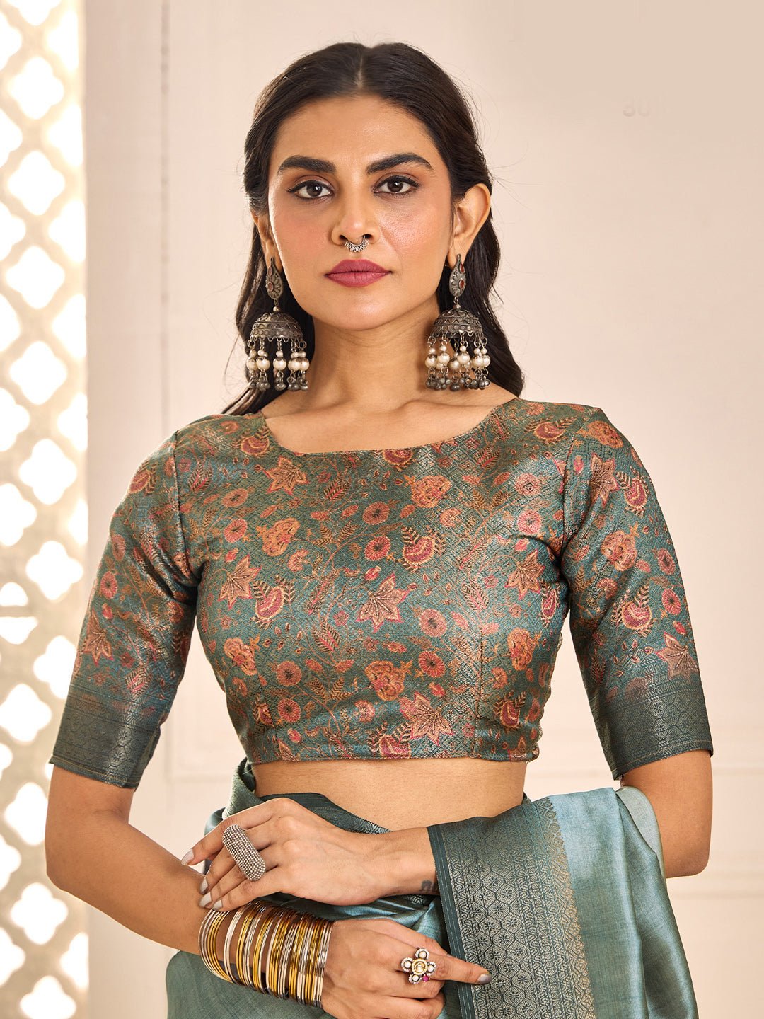 Teal Blue Zari Weaving Silk Blend Saree - Ressa