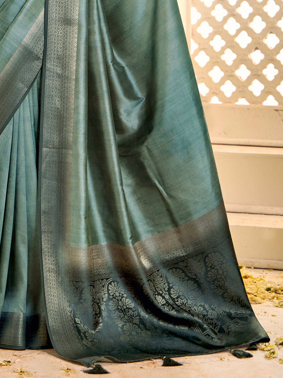 Teal Blue Zari Weaving Silk Blend Saree - Ressa