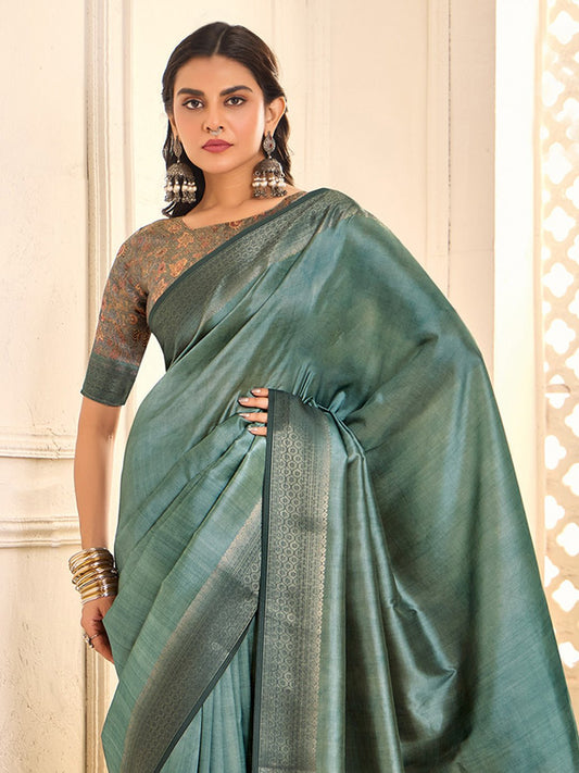 Teal Blue Zari Weaving Silk Blend Saree - Ressa