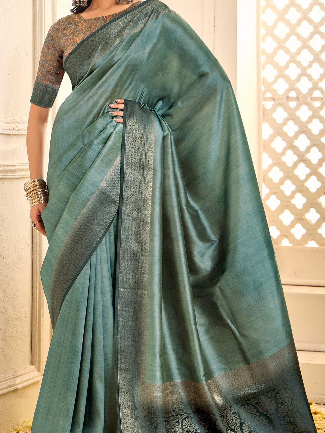 Teal Blue Zari Weaving Silk Blend Saree - Ressa