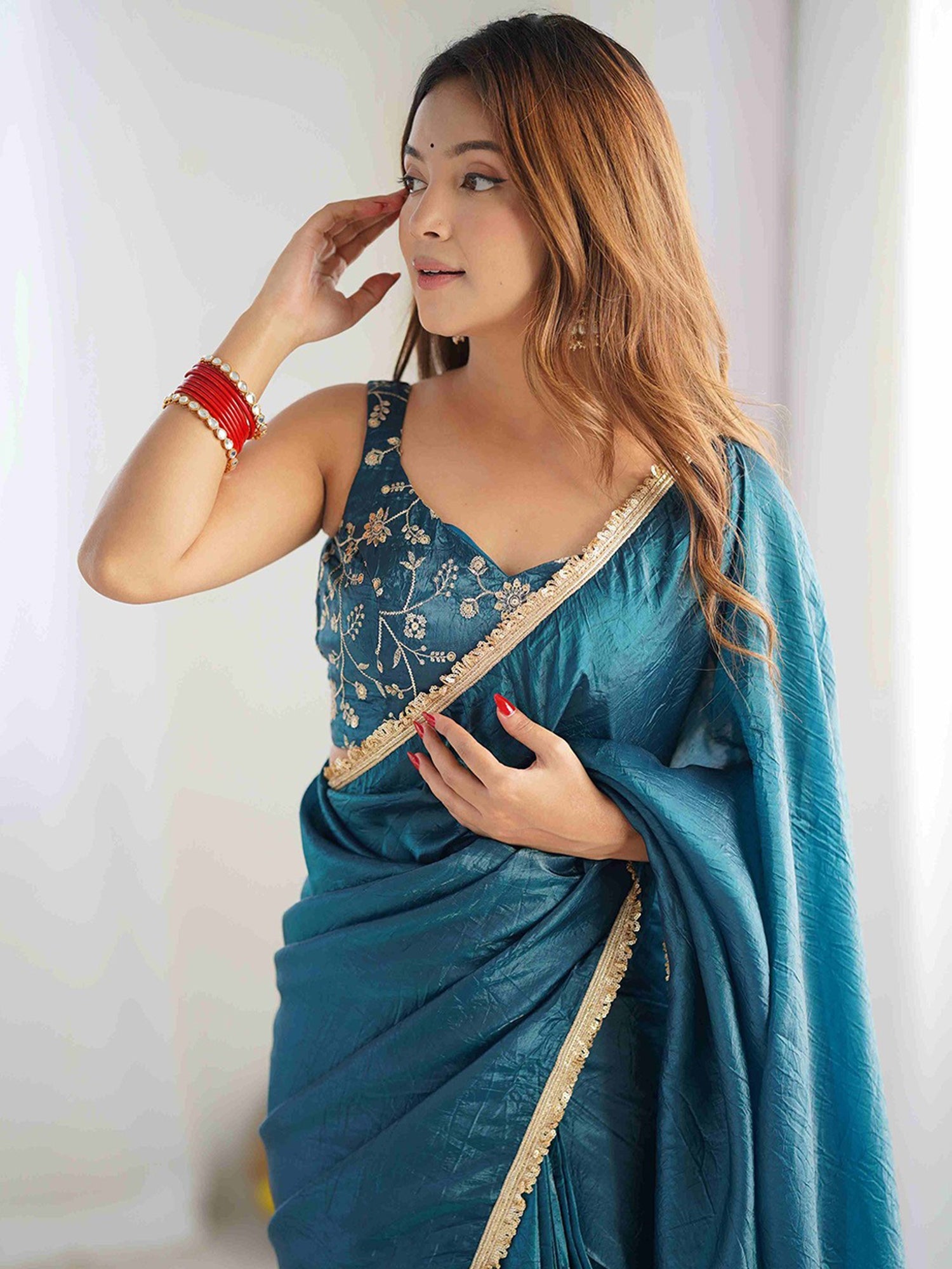 Teal Crush Tissue Saree with Embroidered Blouse - Ressa