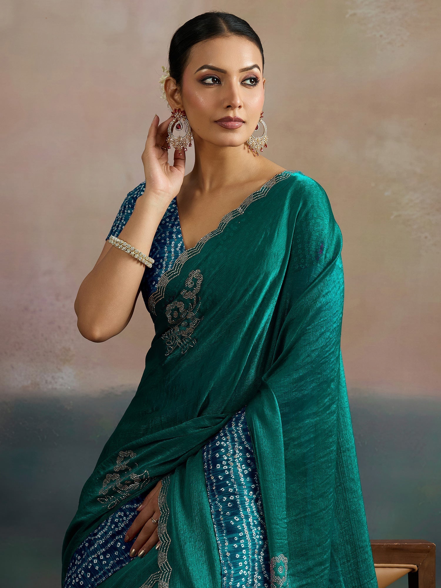 Teal Embroidered Bandhani Silk Saree - Ressa