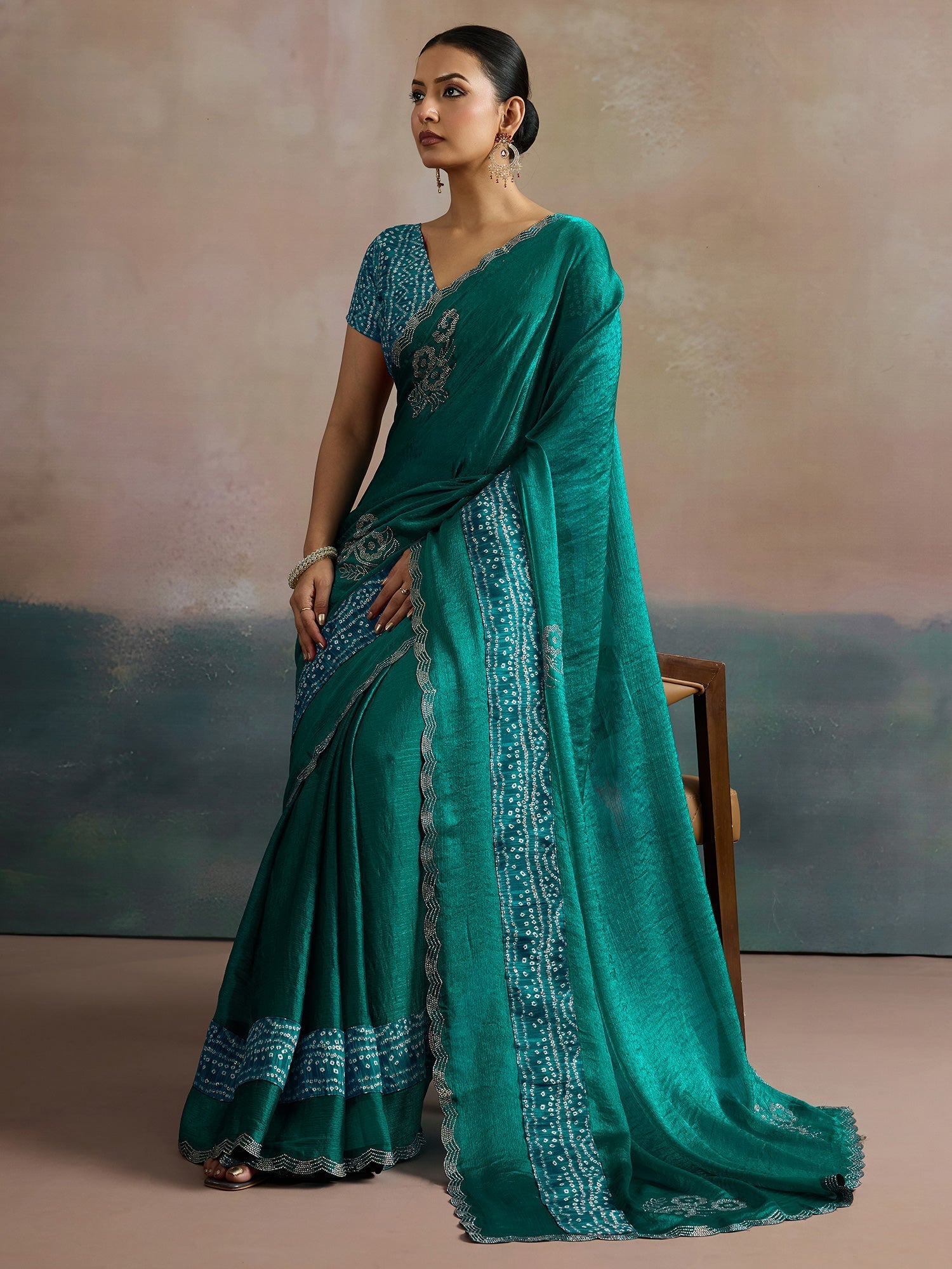 Teal Embroidered Bandhani Silk Saree - Ressa
