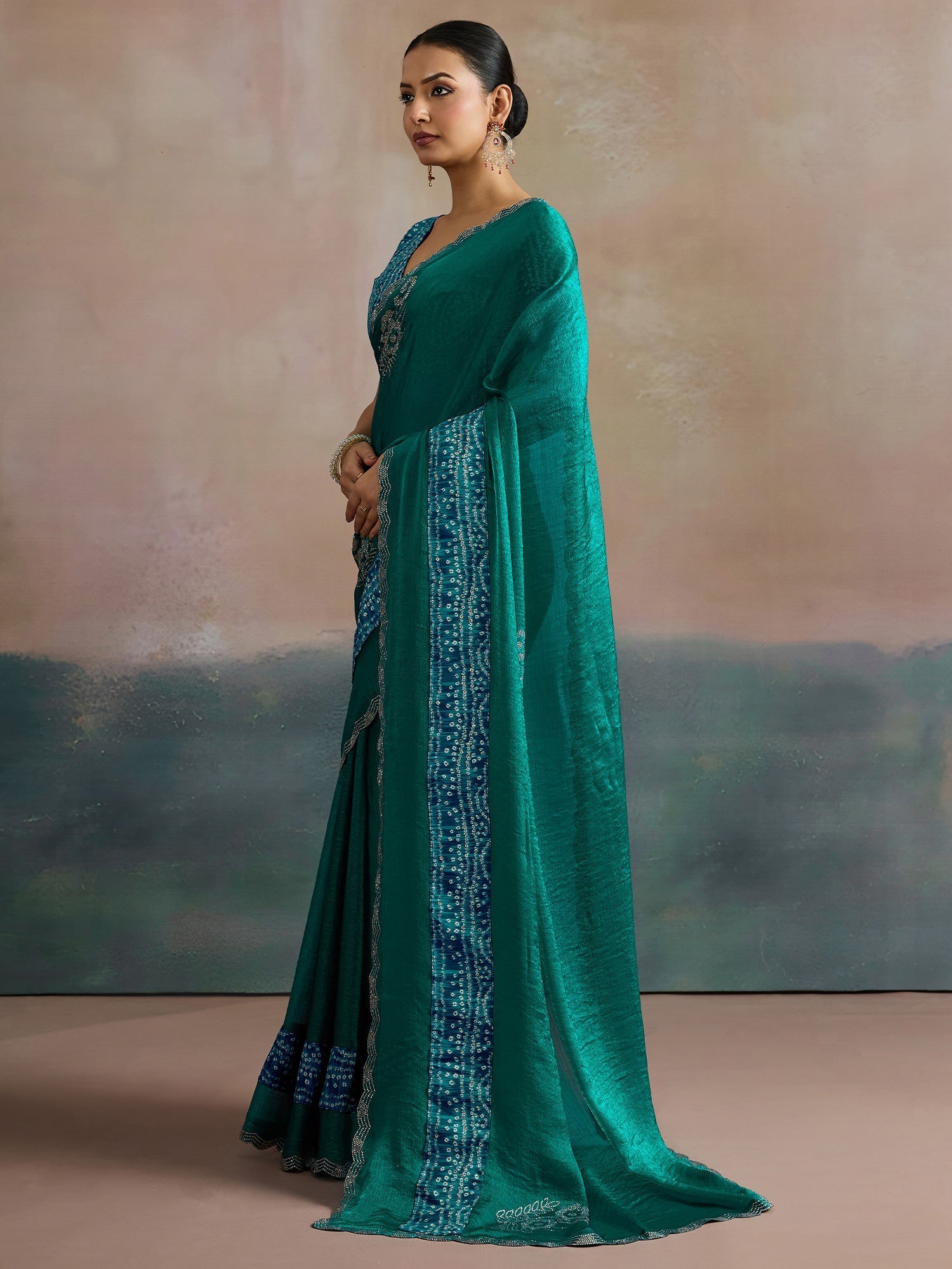 Teal Embroidered Bandhani Silk Saree - Ressa