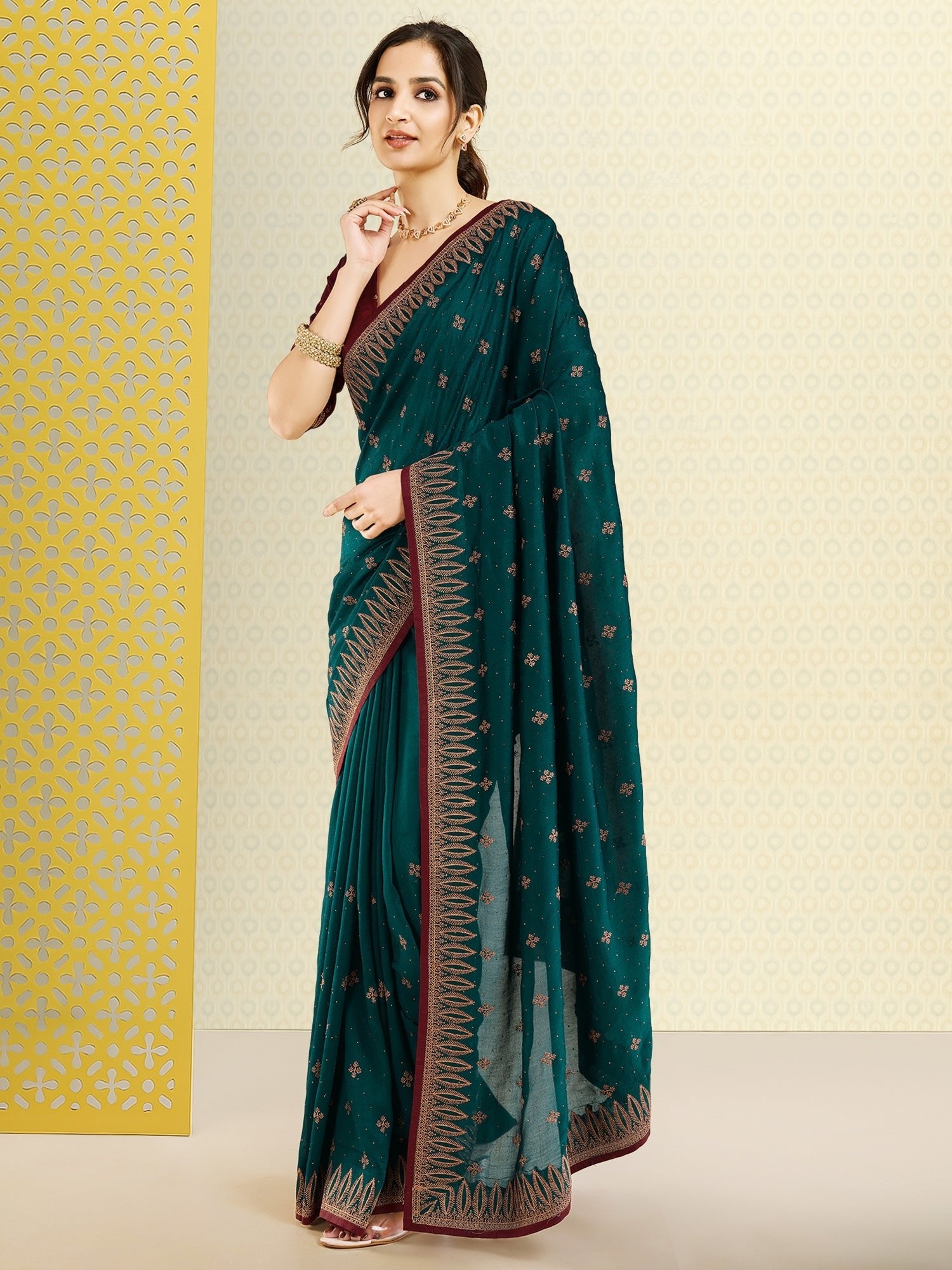 Teal Embroidered Georgette Saree - Ressa