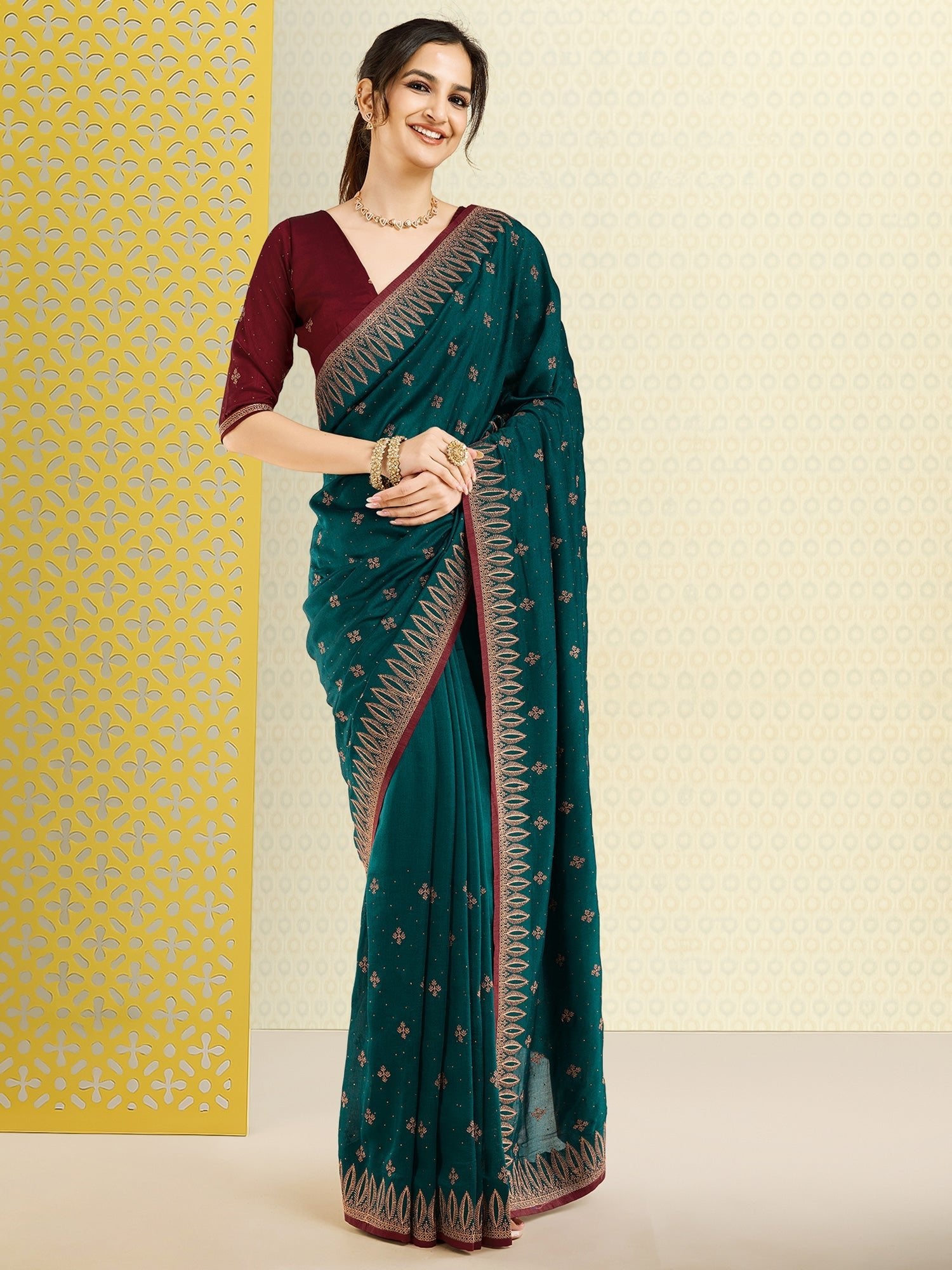 Teal Embroidered Georgette Saree - Ressa