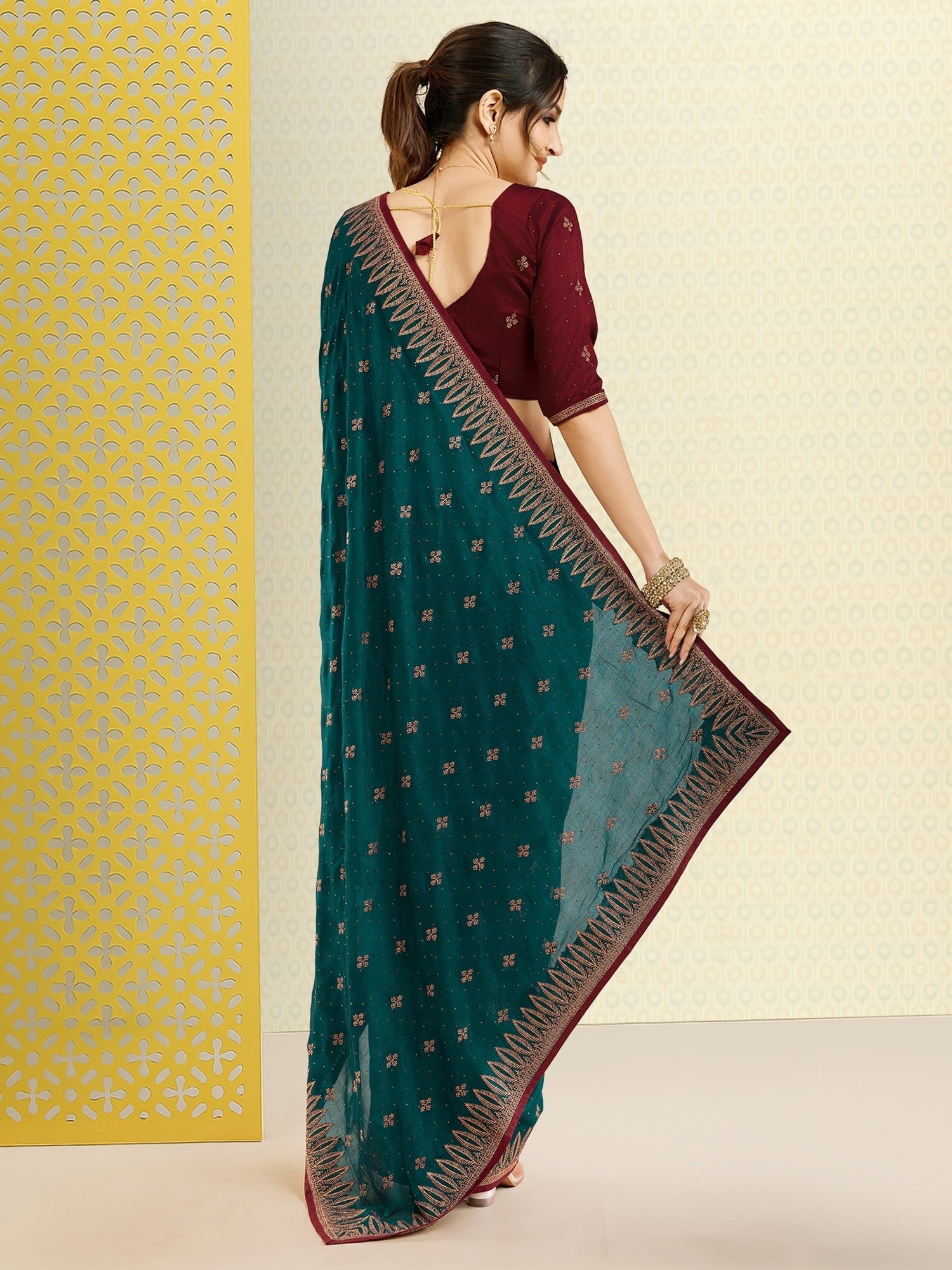 Teal Embroidered Georgette Saree - Ressa