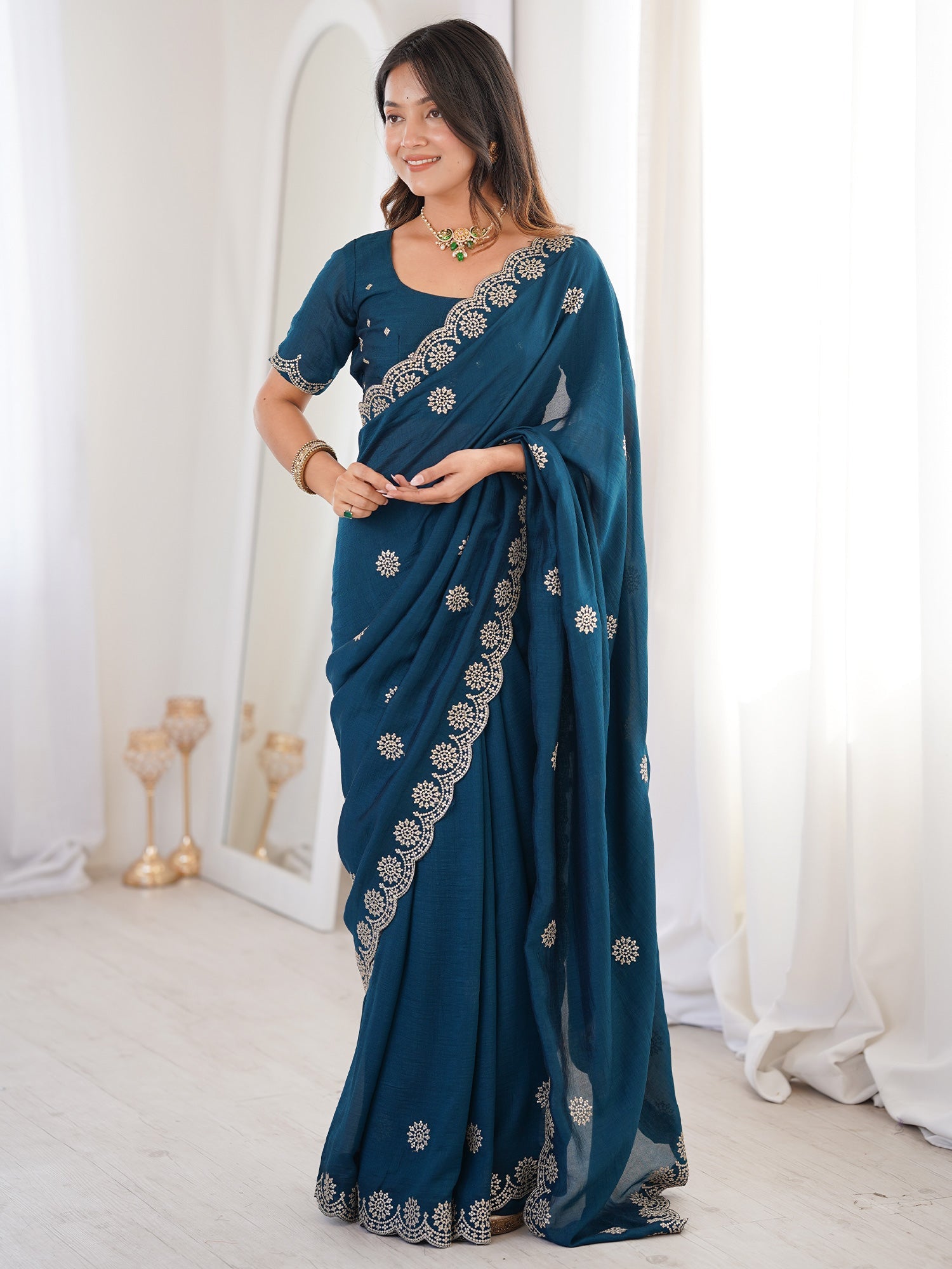 Teal Embroidered Georgette Saree with Stitched Blouse | - Ressa