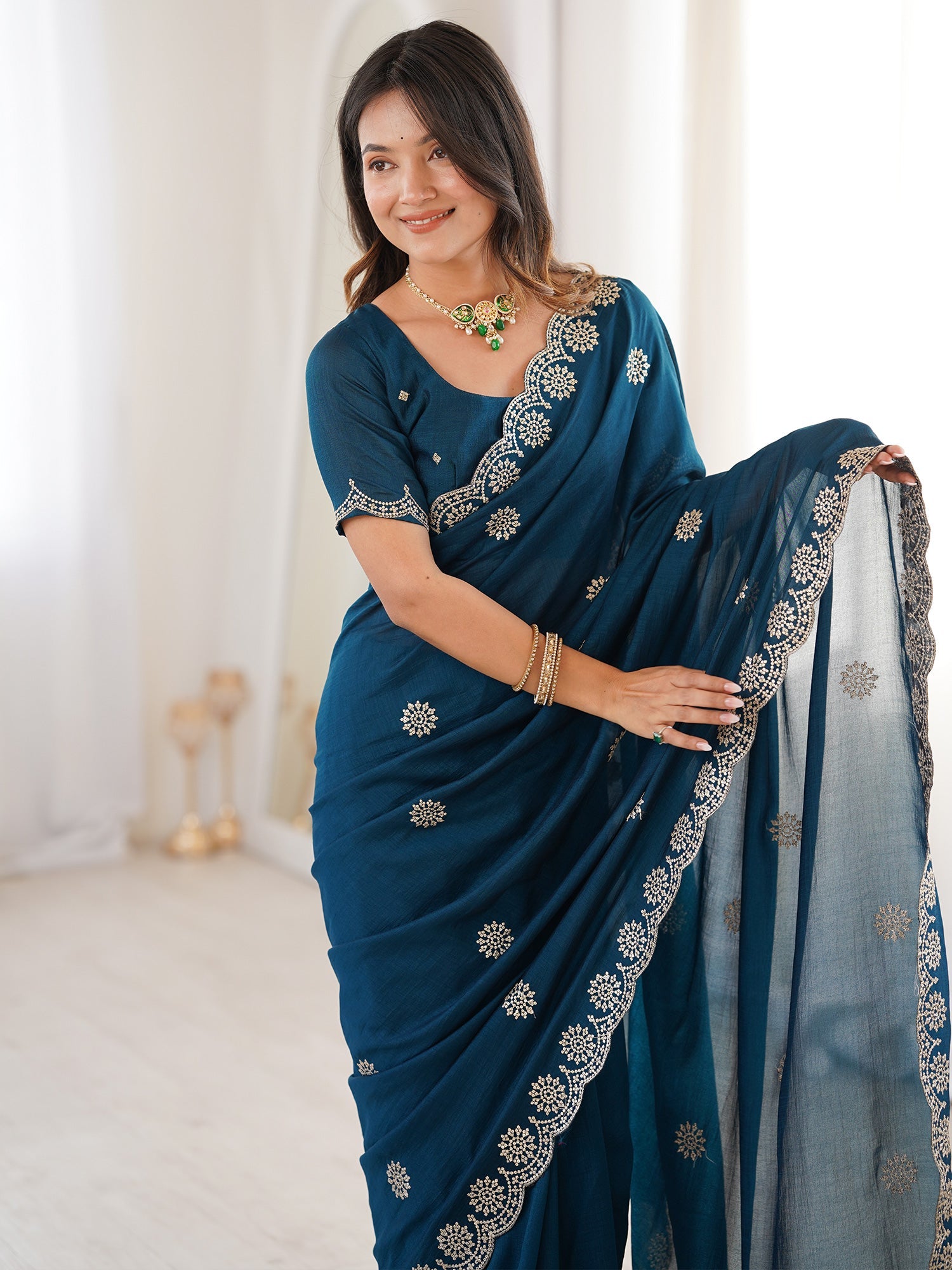 Teal Embroidered Georgette Saree with Stitched Blouse | - Ressa